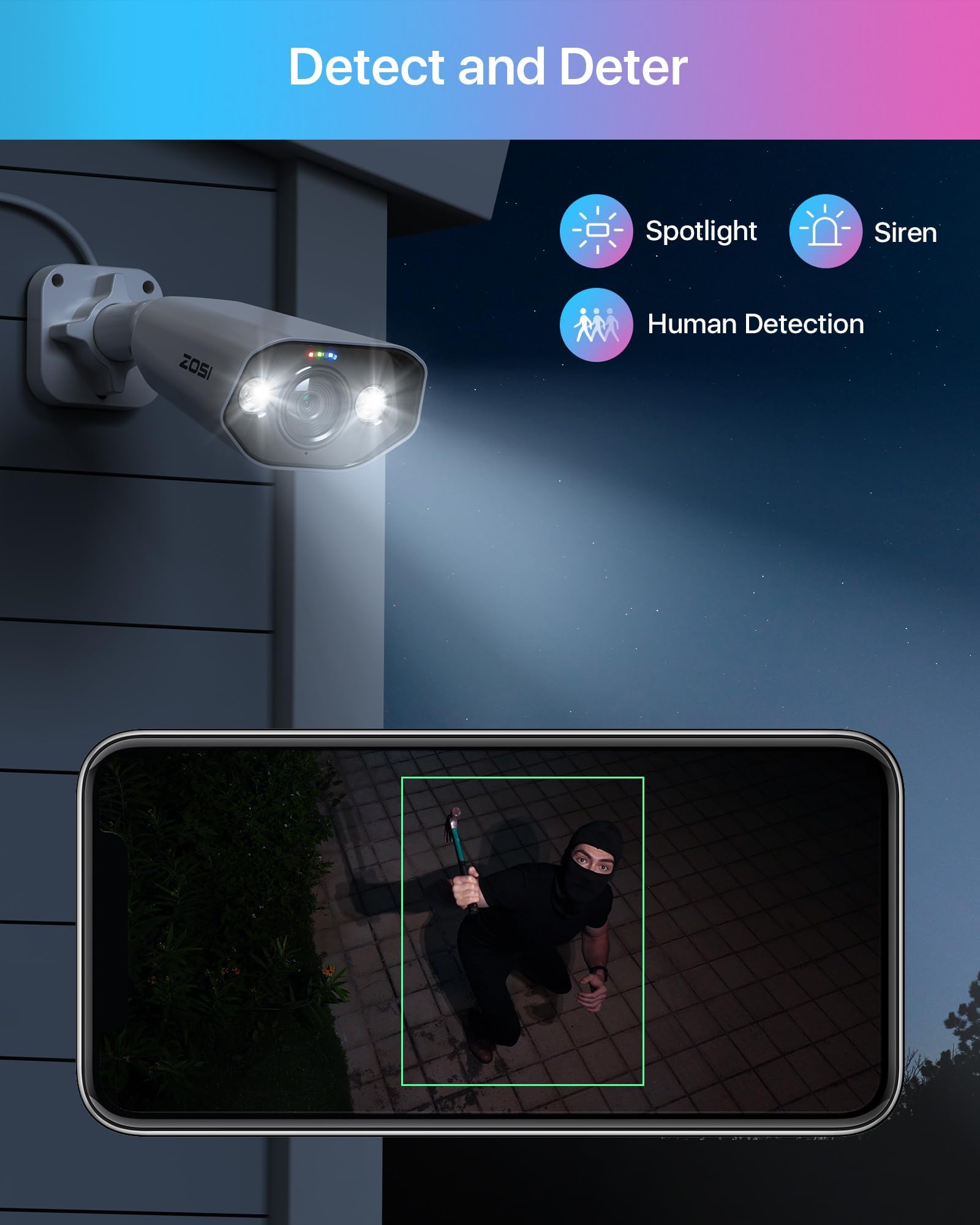 ZOSI 2 X 4K 8MP telecamera di sorveglianza IP PoE esterna, funziona solo con il nostro 4K POE NVR, riconoscimento personale, allarme luce e suono, visione notturna a colori, C182
