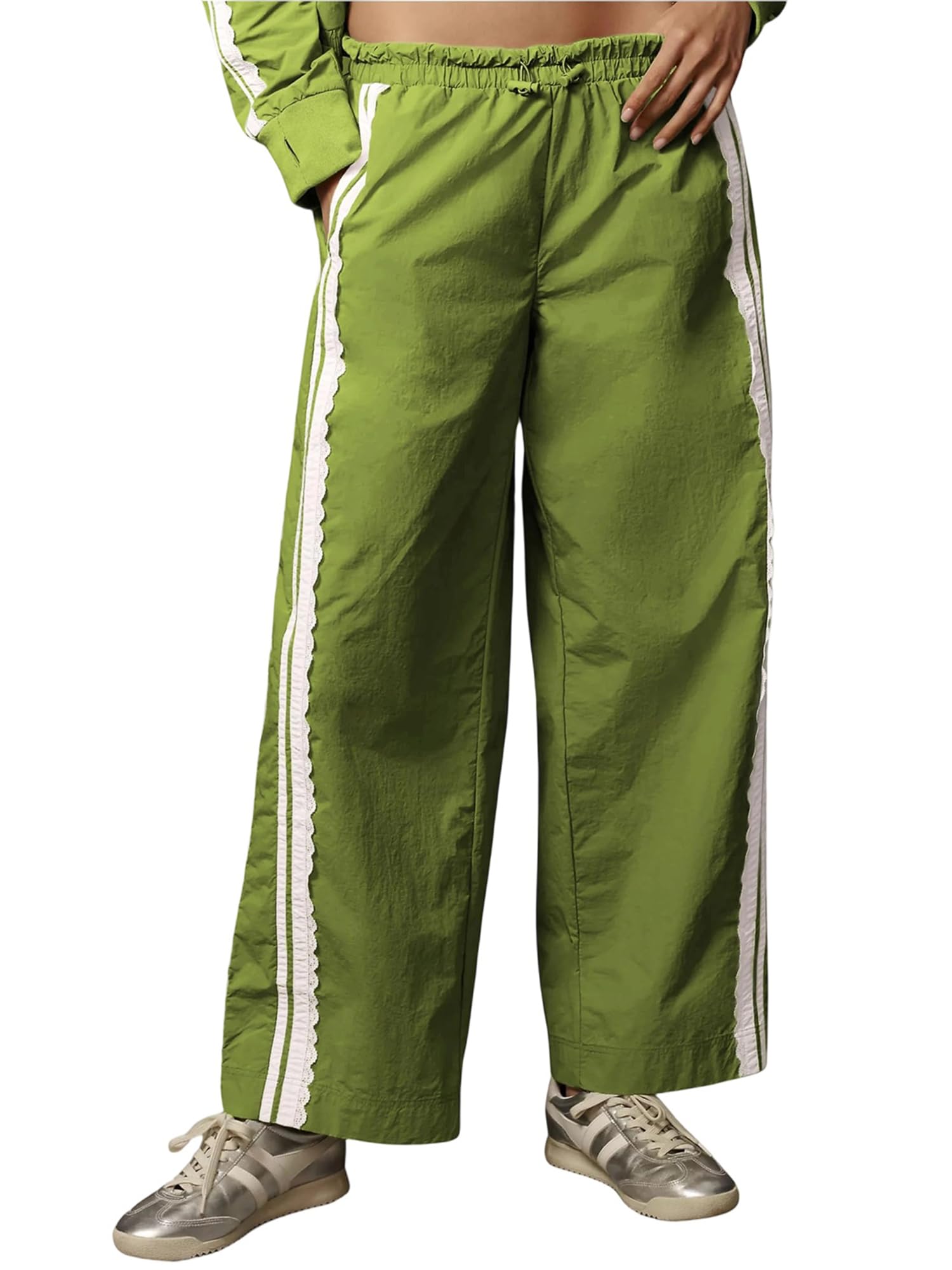 Women Baggy Track Pants Lace Side Striped Mid Rise Wide Leg Drawstring Trousers Comfy Long Pants with Pockets
