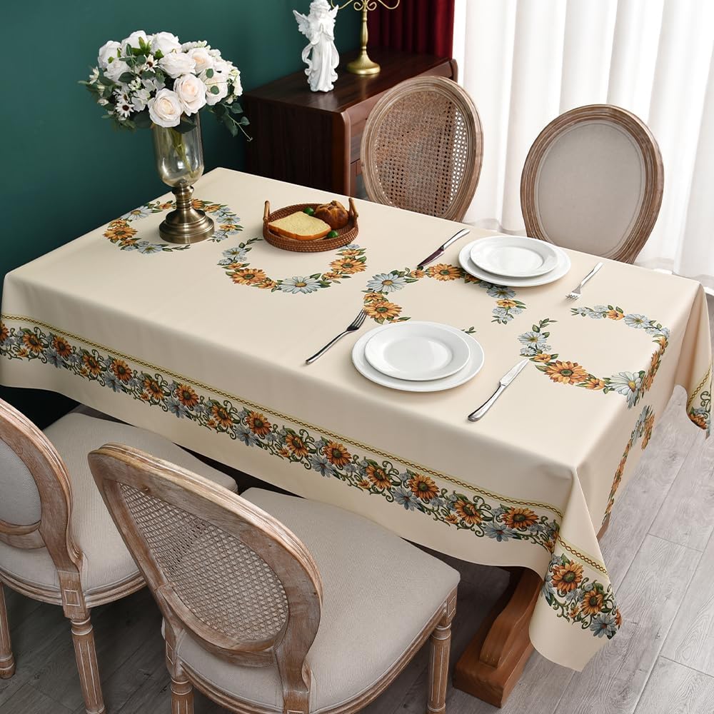 Zobesta Sunflower Vinyl Tablecloths for Rectangle Tables 55 x 120 Inch, Waterproof Outdoor Table Cloth Vinyl Tablecloth with Flannel Backing for Kitchen, Party, Picnic, Outdoor (Flower-B)