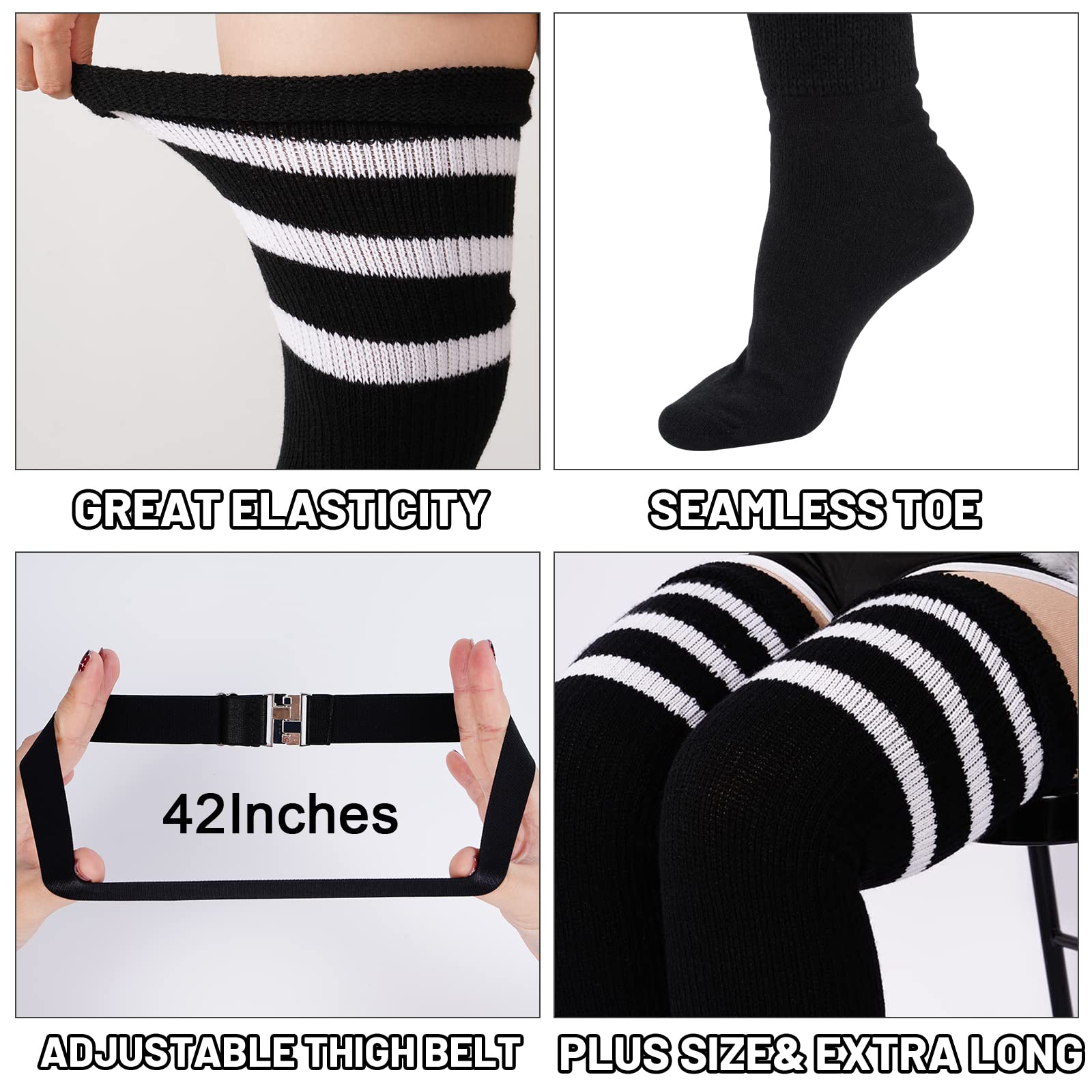 Abodhu Plus Size Thigh High Socks for Thick Thighs Women- Extra Long Widened Extra Long Thick Knit: Black+ White Stripes