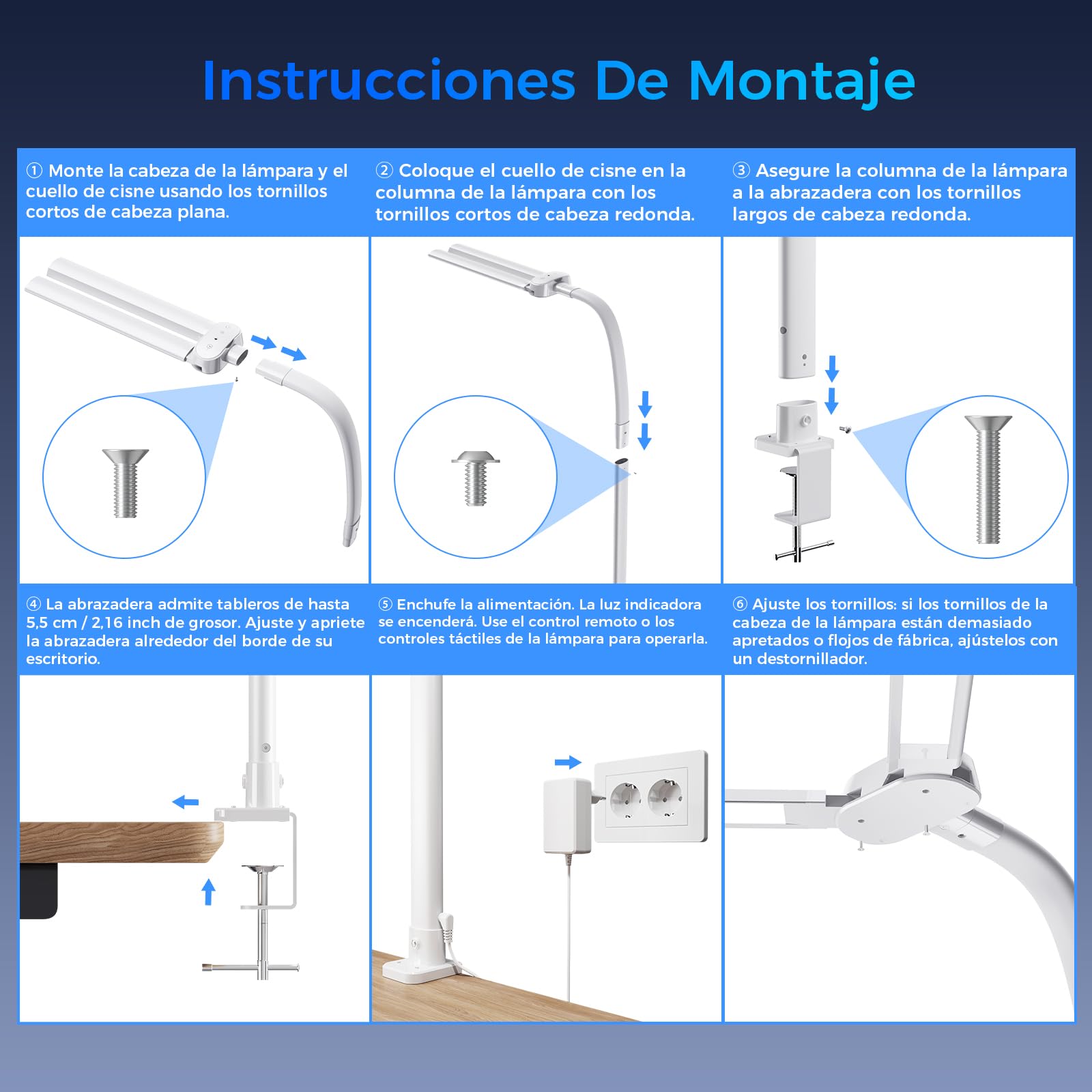 W01 Lampara de Escritorio de LED con Control Remoto - 24W 1400LM 80CM Flexo LED Escritorio con Pinza Luz Leer Puerto de carga USB para Estudiar, Oficina, Blanco