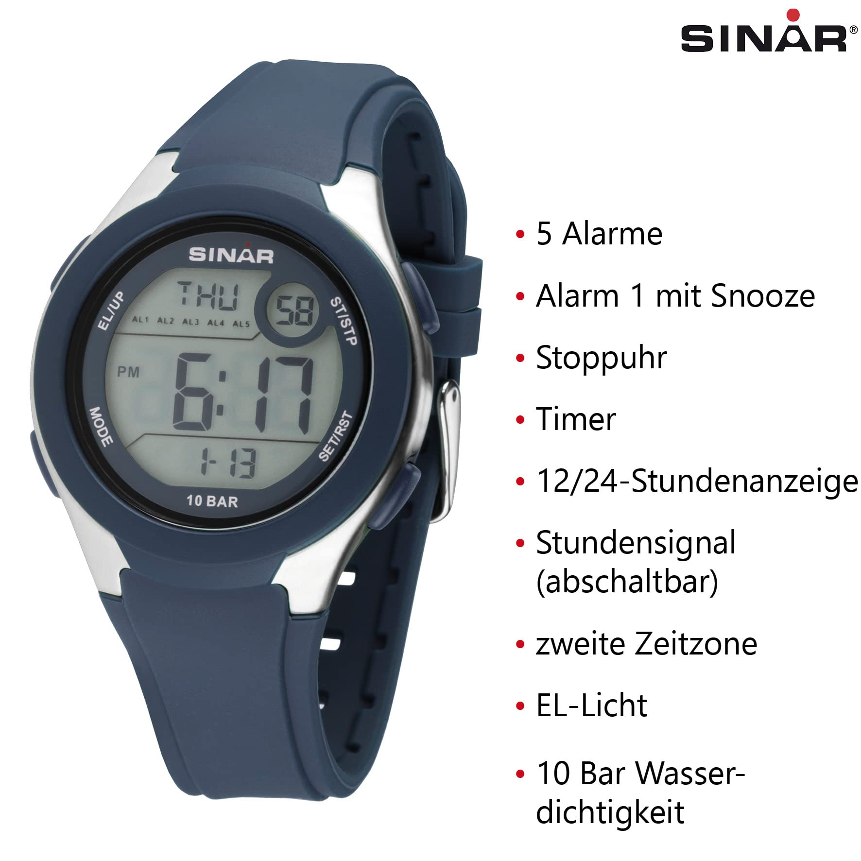 SINAR Zegarek damski męski młodzieżowy zegarek na rękę unisex zegarek sportowy outdoor cyfrowy kwarcowy 10 bar z silikonowym paskiem, 5 alarmów i światła ciemnoniebieski XV-19-2