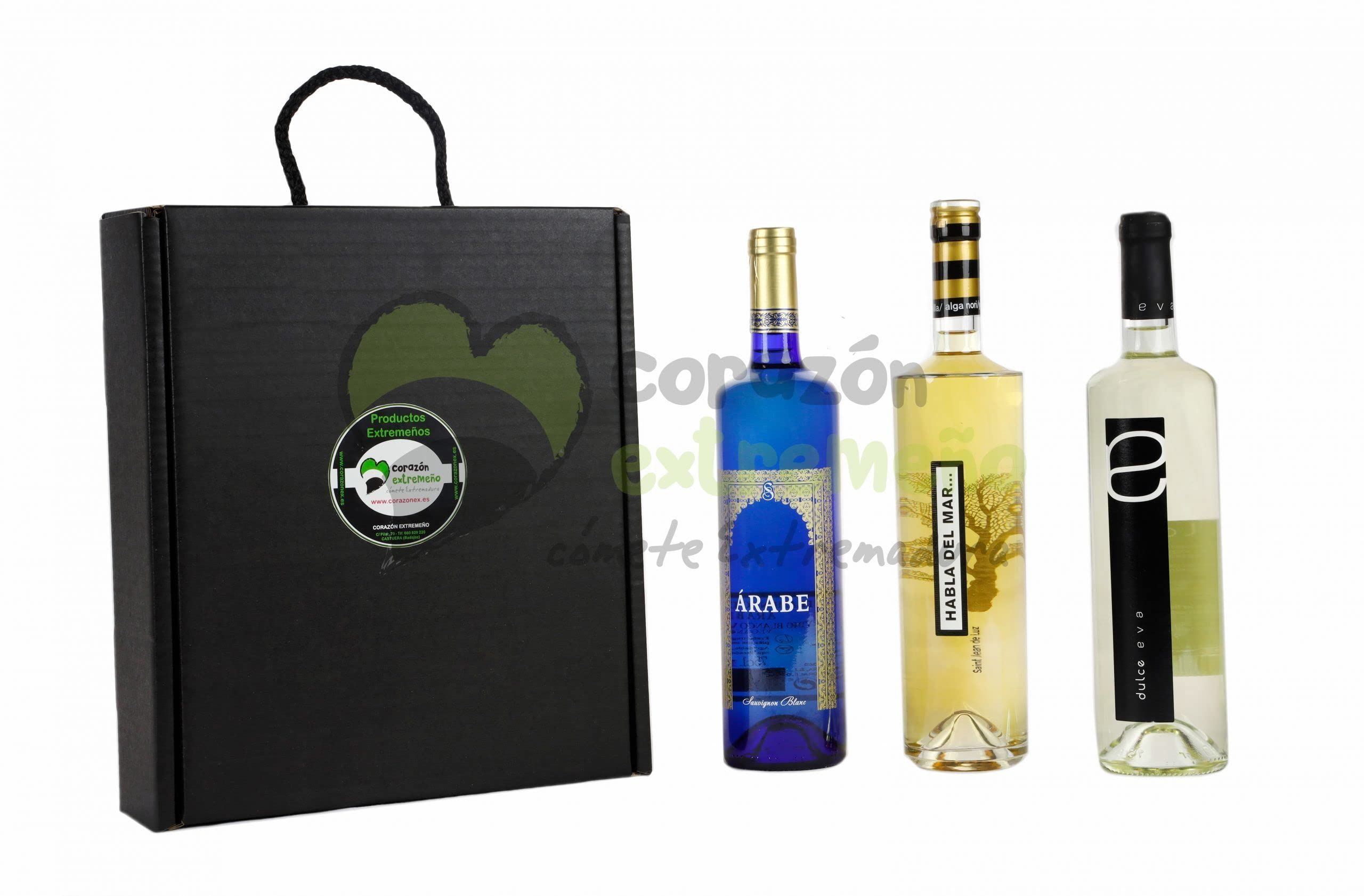 Cesta de Regalo para Empresas con Vino Blanco Dulce Eva, Vino Habla del Mar, Vino Blanco Árabe – Corazón Extremeño