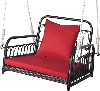 DORTALA Hanging Porch Swing, 1 Person Patio Wicker Swing Chair with Metal Frame, Cushion, Ropes & Hooks, Outdoor PE Rattan Swing Seat for Lawn Garden Backyard Balcony, Red