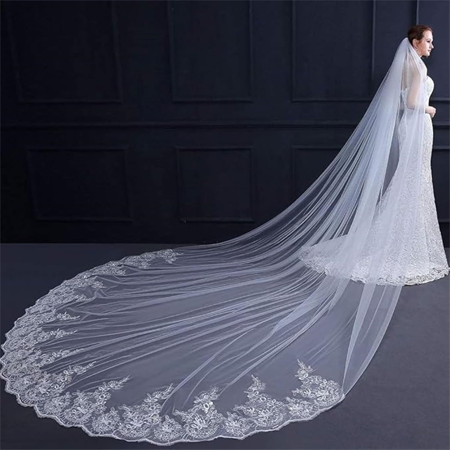 Womens 1 Tier Long Cathedral Lace Applique Wedding Bridal Veil With Metal Comb