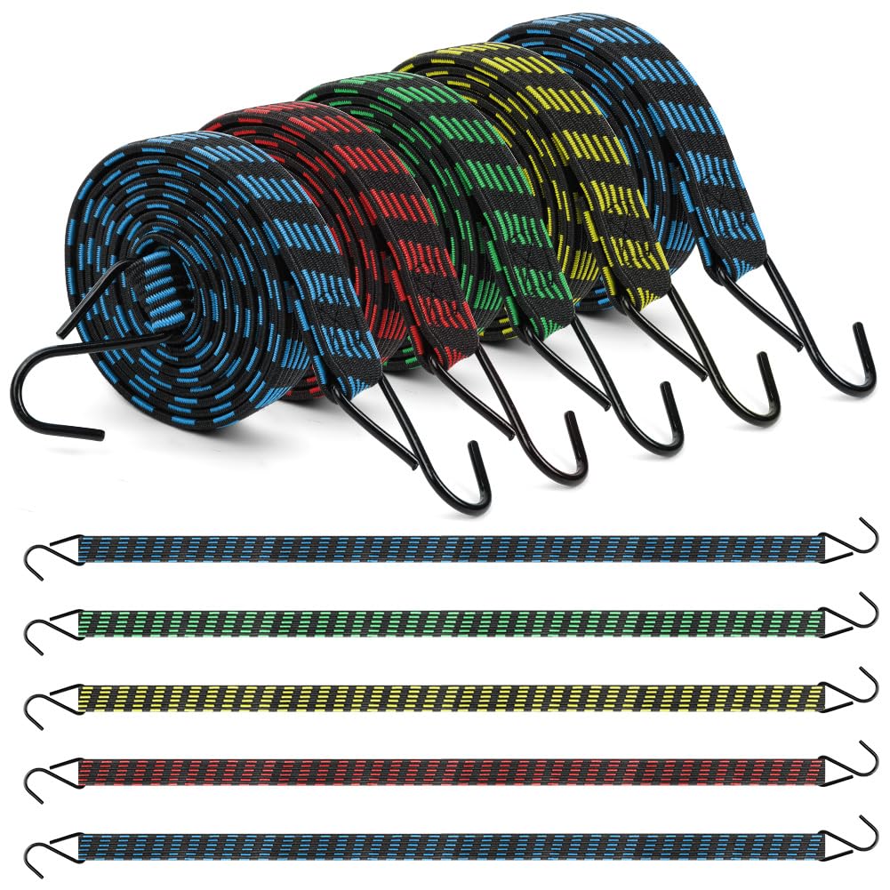 5 Pezzi Corde Elastiche con Gancio, 2M Piatte Elastici, Cinghie elastiche, elastici portapacchi tenditori, Elasticis Con Ganci Regolabili, per Teloni, Campeggio, Portapacchi, Auto, Bici(25 mm)
