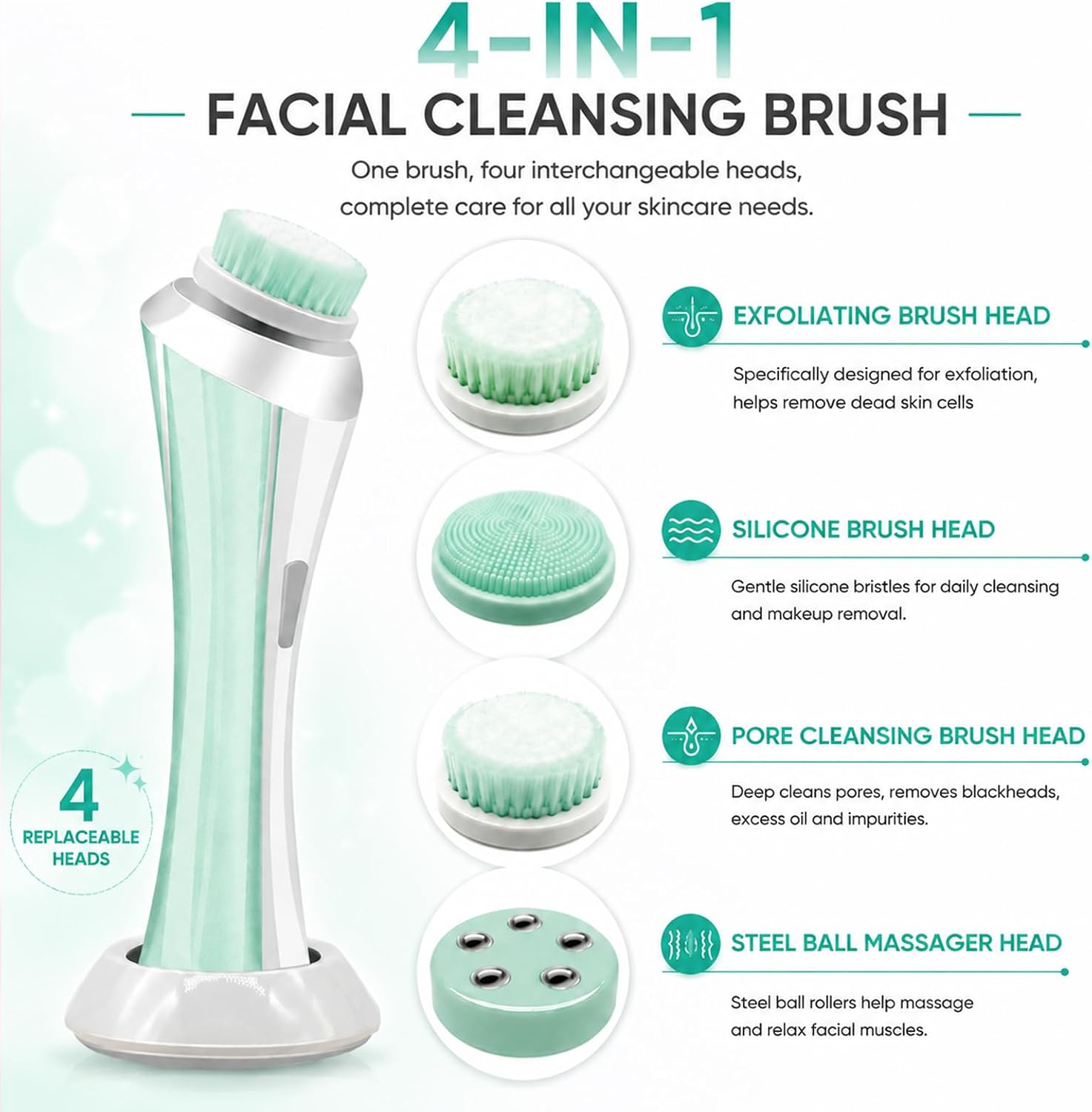 4 in 1 Facial Cleansing Brush, Rechargeable Face Scrubber with 4 Brush Heads and USB Charging Dock, Deep Cleaning & Massaging Facial Brush for pores, Exfoliation Face Brush for Women Men (Green)
