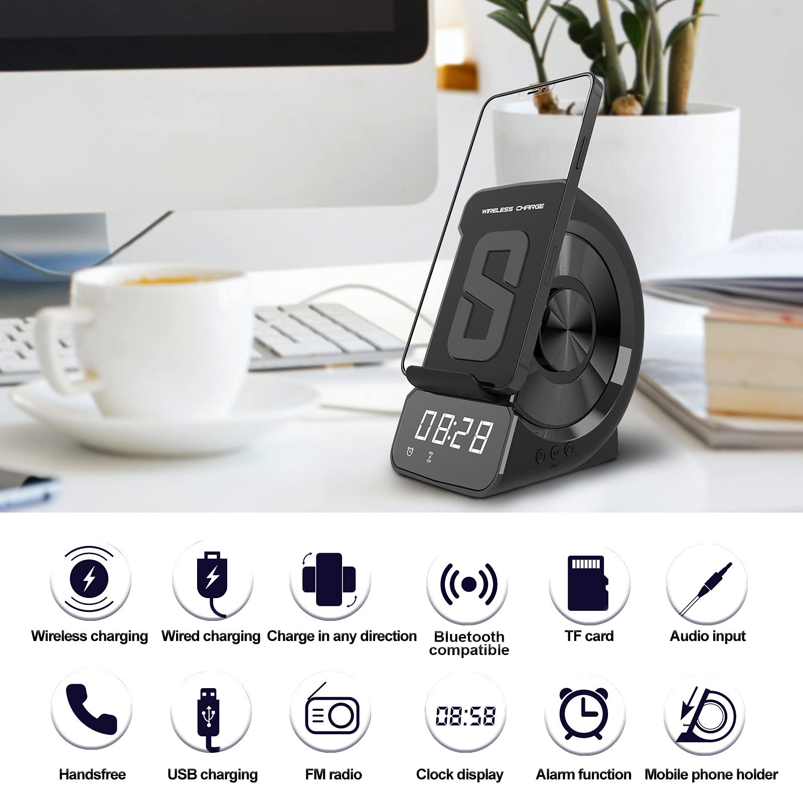 Cargador inalámbrico WD-200 Altavoz compatible con Bluetooth Pantalla LED digital Reloj despertador Estación de carga de radio con soporte para el dormitorio y la oficina