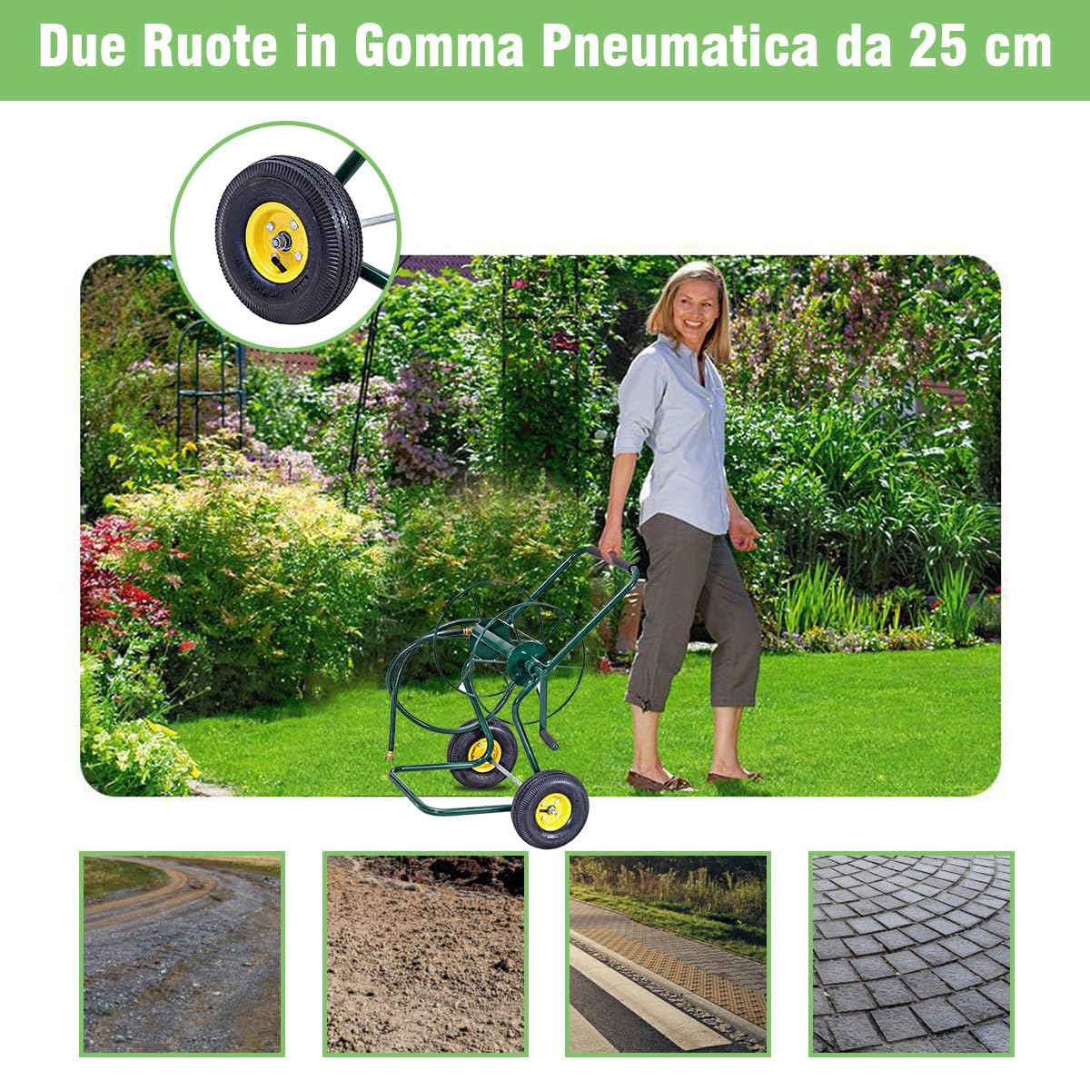COSTWAY Carrello Avvolgitubo da Giardino, Carrello per Tubo di Irrigazione in Metallo con 2 Ruote Pneumatiche di Grandi Dimensioni, per Giardino e Cortile, 71 x 53 x 96,5 cm