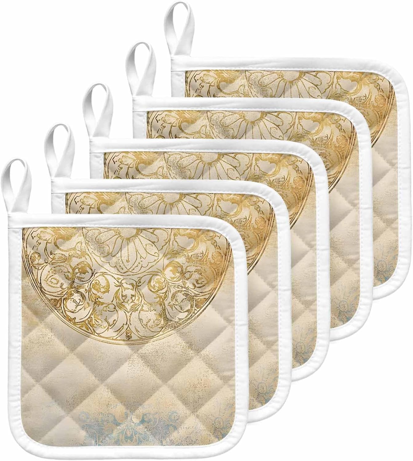 5 Pack Pot Holders for Kitchen, Golden Floral Hot Pads for Kitchen Countertops Oven Pot Holder Bulk, Vintage Smear Abstract Art Heat Insulation Potholders with Hanging Loops