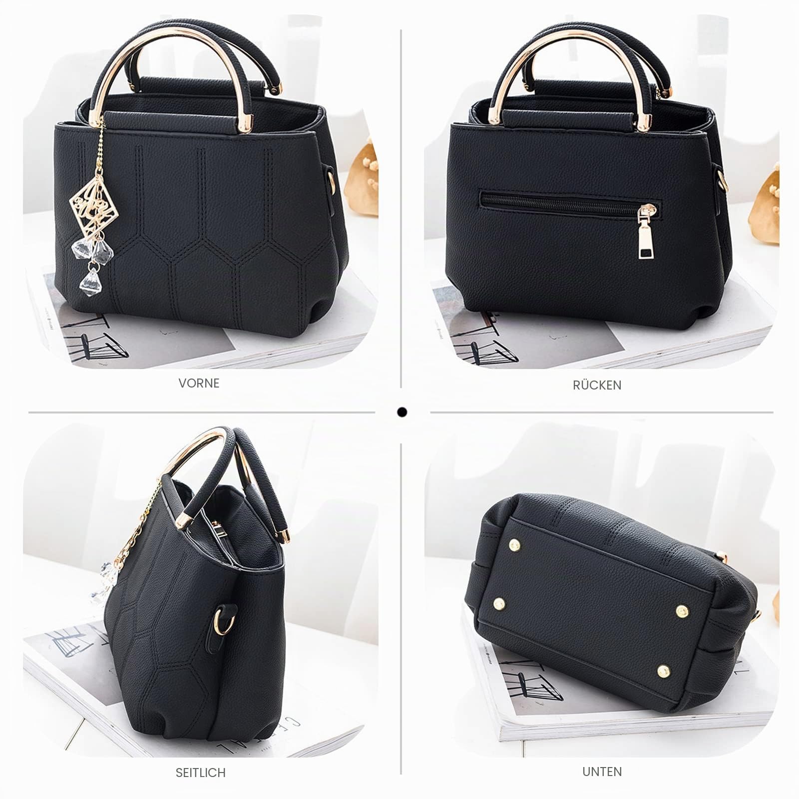 NICOLE & DORIS Handtasche Damen Klein Schultertaschen PU Leder Frauen Umhängetasche Henkeltasche Mini Tasche Damen Kuriertaschen Crossbody Tragentasche mit Anhänger Schwarz