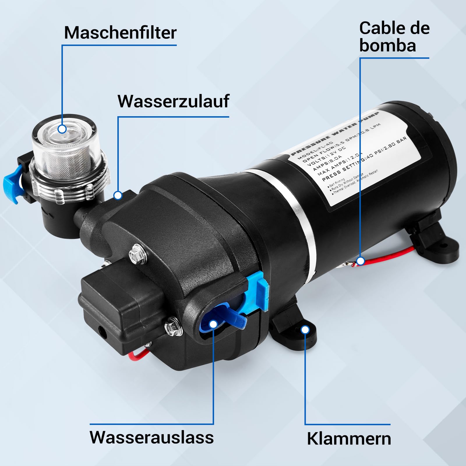Membran Wasserpumpe 12V, Wasserpumpe Wohnmobil Druckwasserpumpe | Diaphragm Pump DC 20,8 LPM mit Maschenfilter, Arbeitsdruck 40 PSI, Leistung 180W Strom 12A, Wasser Pumpe für Camping RV, Boot
