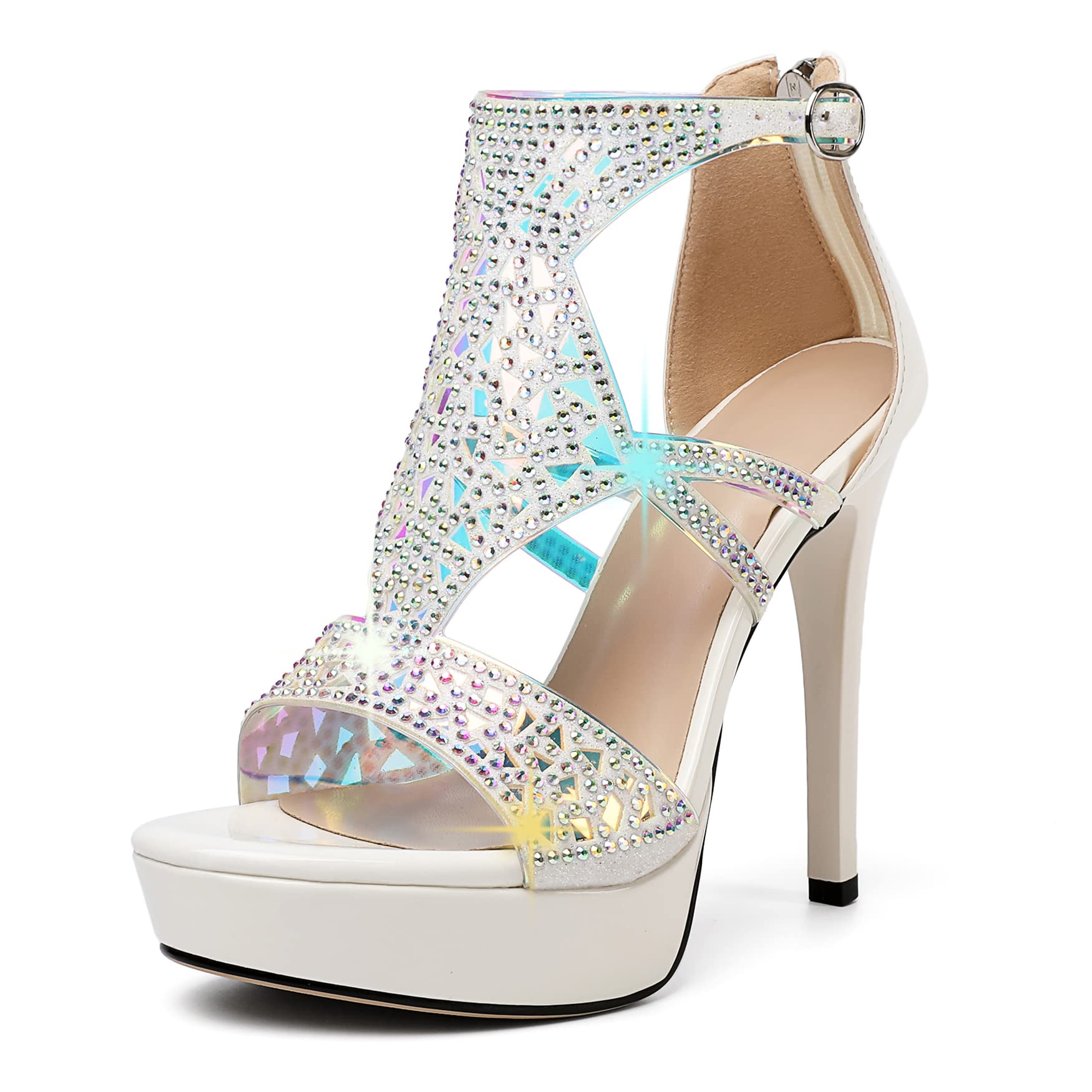High Heeled Sandals for Women, Open Toe Strappy Platform Sandals, Cutout Gladiator Heels with Rinestones, Pumps Shoes for Dress Party Evening Summer
