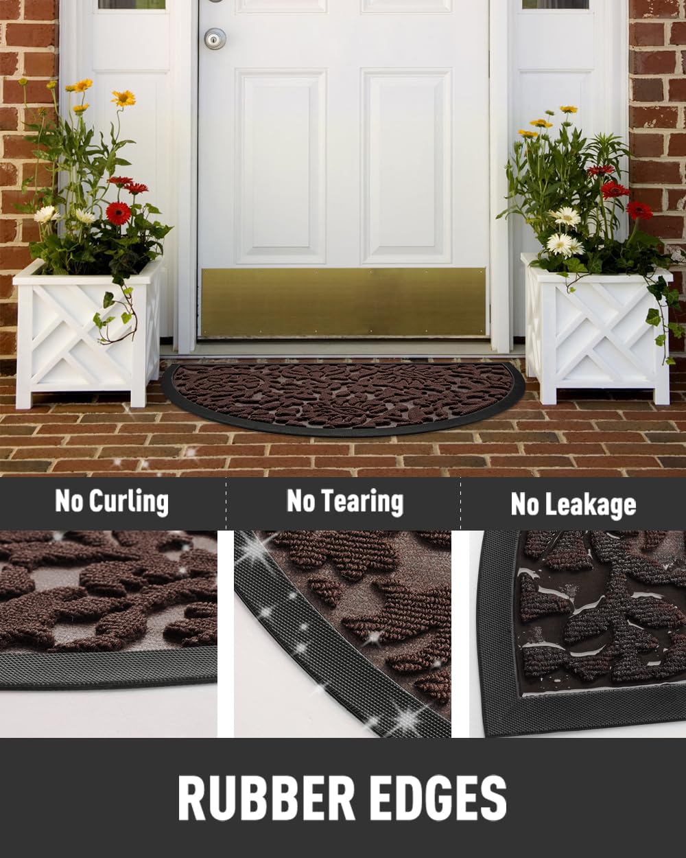 tchdio Zerbino mezzo rotondo per porta d'ingresso, in gomma antiscivolo, per ingresso esterno, a basso profilo, resistente, facile da pulire, per tutte le stagioni, 43 x 76 cm, marrone