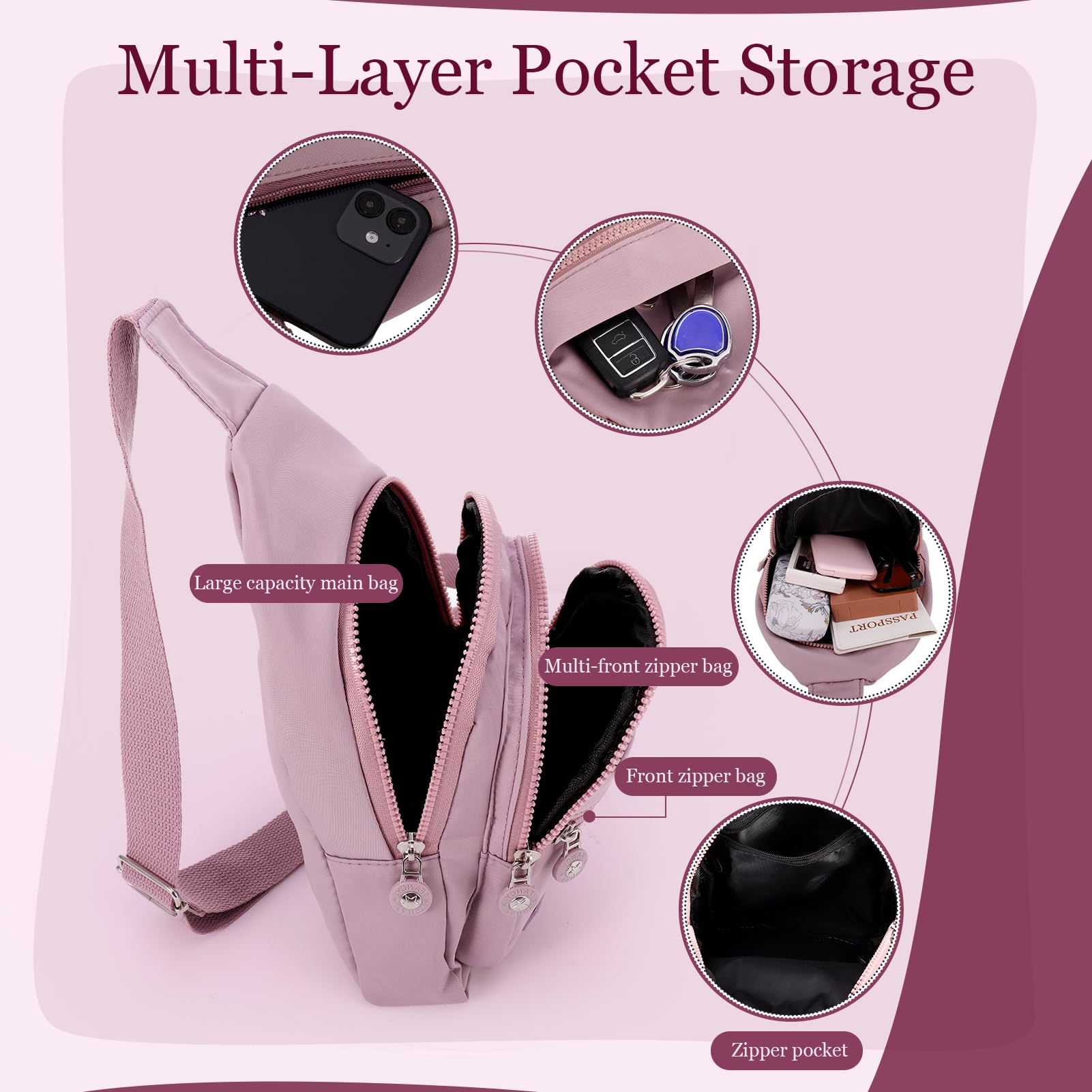 2PCS Sling Chest Bags for Women Men Waterproof Nylon Crossbody Bag Anti-Theft Shoulder Bag Multi-use Backpack Lightweight Storage Chest Bag for Travel Hiking Cycling Outdoor Sports- Pink+Black - Image 3