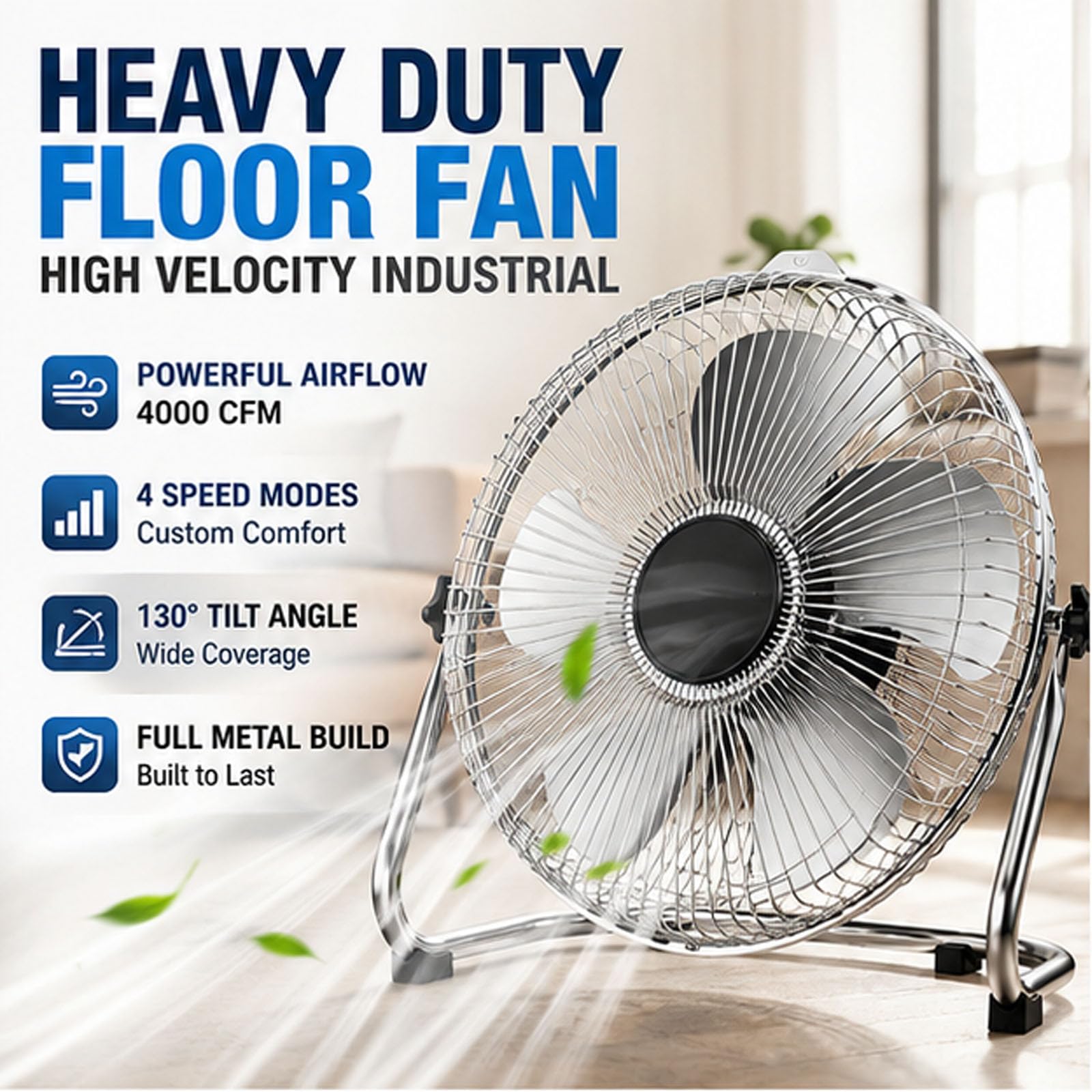 Ventilador de suelo industrial de 12 pulgadas, 4000 CFM, ventilador de caja de alta velocidad con 4 velocidades e inclinación ajustable para taller, garaje, dormitorio