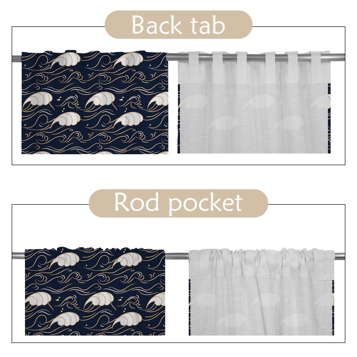 132x214cm Cortina Pliegues lápiz ondulados Estilo Marina Dibujos Cortinas con Bolsillo para Varilla Opacidad al 80% Trabilla Trasera Tratamientos Ventanas para Sala Estar Dormitorio,1 Panel