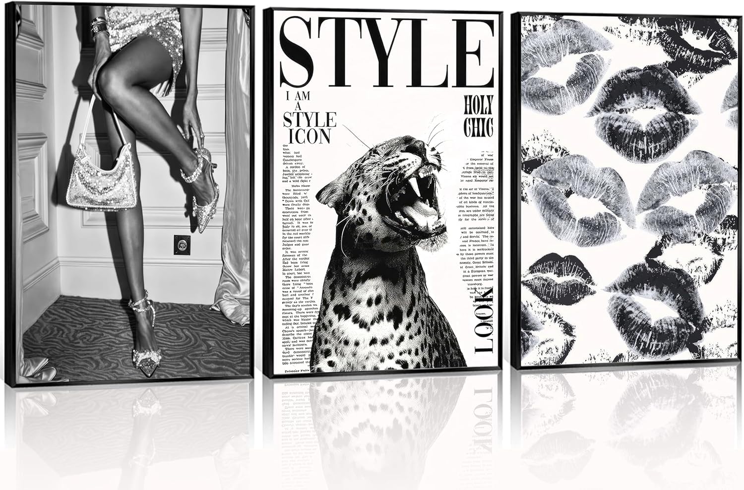 3Pcs Trendy Black and White Leopard Canvas Wall Art Vintage Newspeper Cheetah Wall Decor Fashion Girl Poster Heels Lips Picture Luxury Feminist Painting Print Artwork for Apartment Dorm Unframed