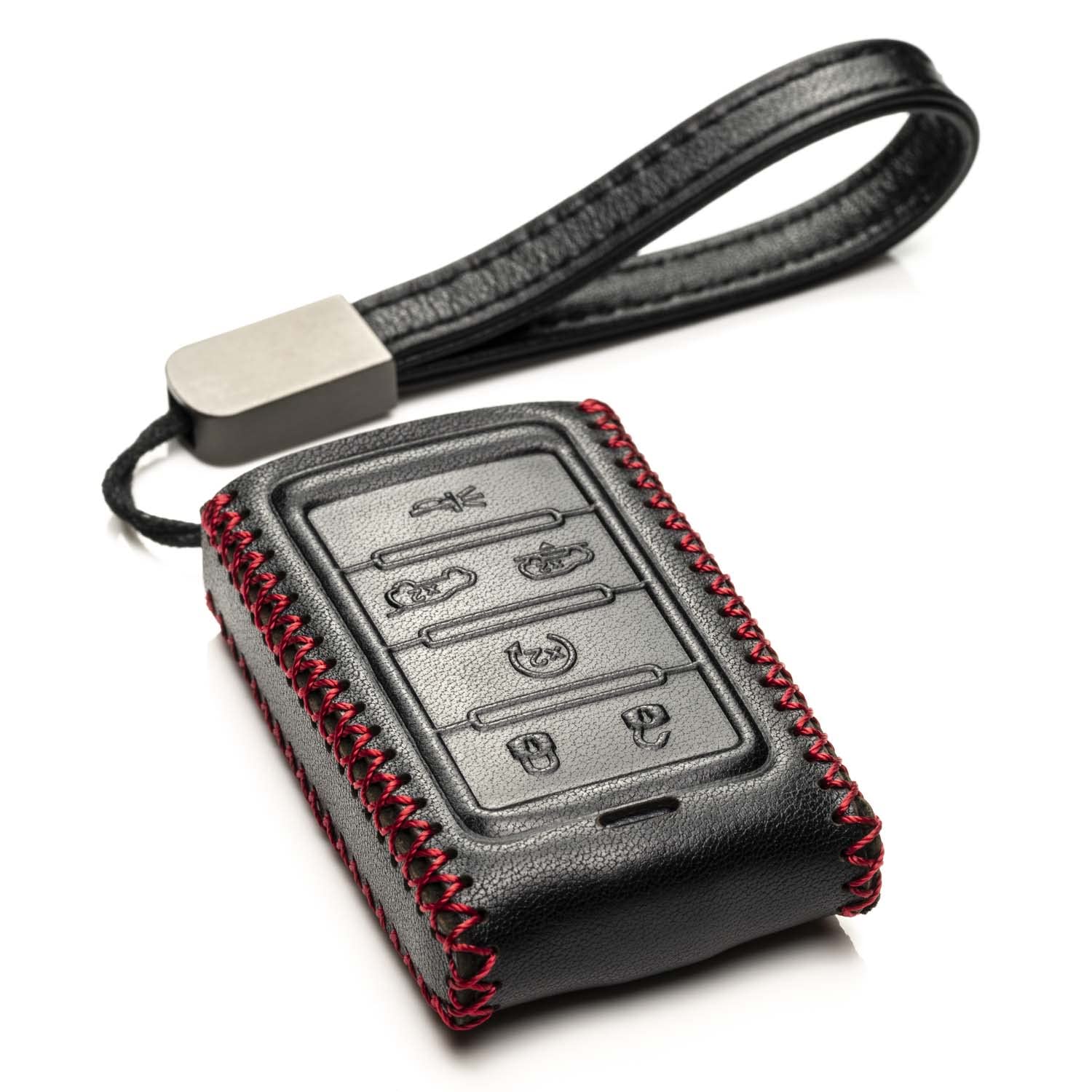 Vitodeco Genuine Leather Smart Key Fob Cover Case Compatible with Jeep Wagoneer, Jeep Grand Wagoneer, Jeep Grand Cherokee 2022 (6-Button, Black/Red)