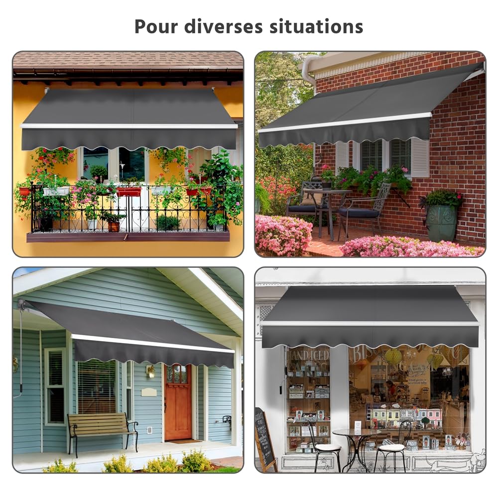 Yaheetech Auvent Rétractable de Contrôle Manuel 250 x 200 cm avec Protection Solaire Réglable pour Balcon, Terrasse, Café, Restaurant - Gris Foncé