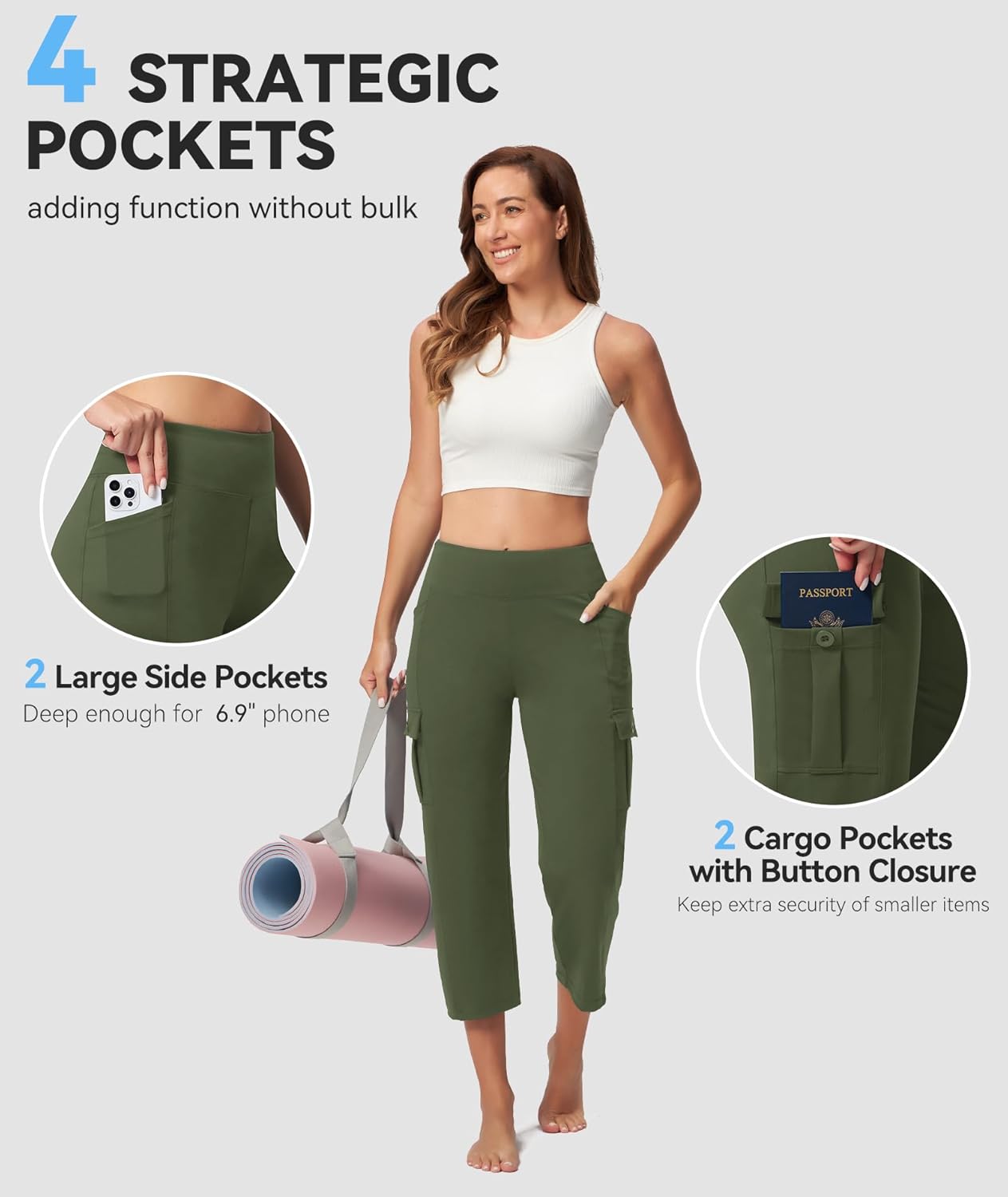 Casei Women's 21" Yoga Capris High Waisted with Pockets Cargo Capri Pants Straight Leg Casual Workout Travel Cropped Pants thumbnail