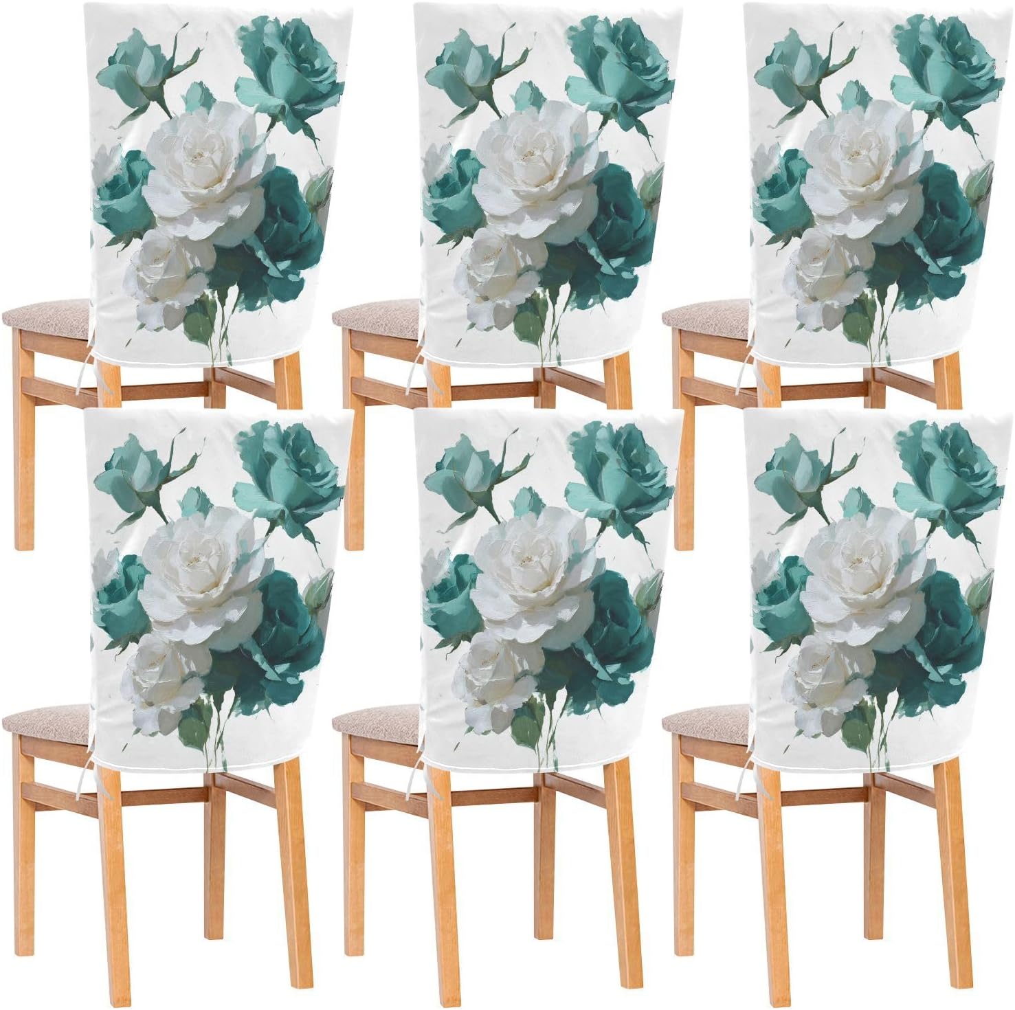 ALAZA Teal White Roses Chair Back Cover Set of 6, Washable Reusable Removable Chair Slipcovers Decorative Chair Cover for Home Kitchen Wedding Party