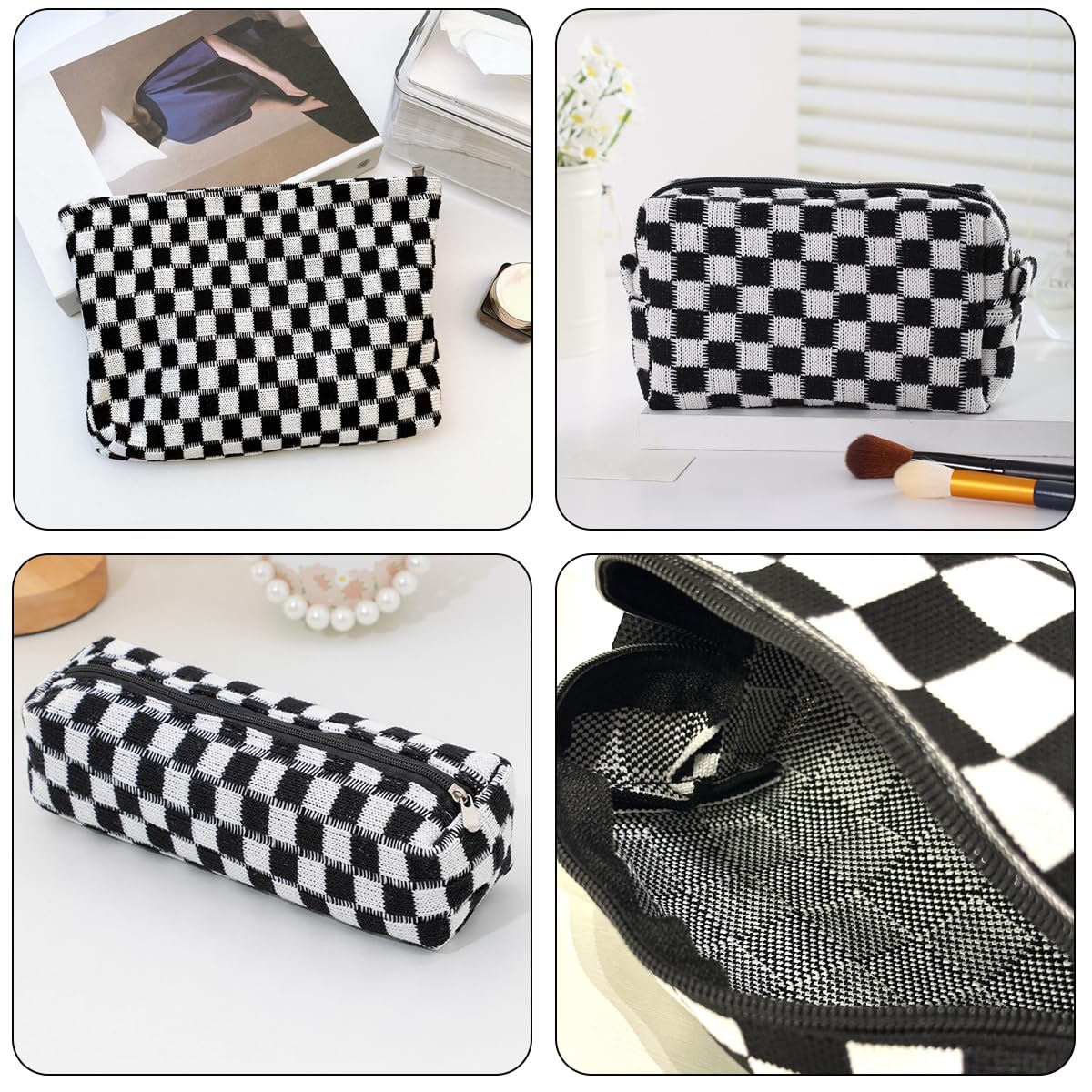 3 PCS Checkered Cosmetic Bag Large Capacity Make Up Bags Multifunctional Travel Makeup Bags Small Cute Cosmetic Bag Ideal for Handbag Travel Camping - Image 3