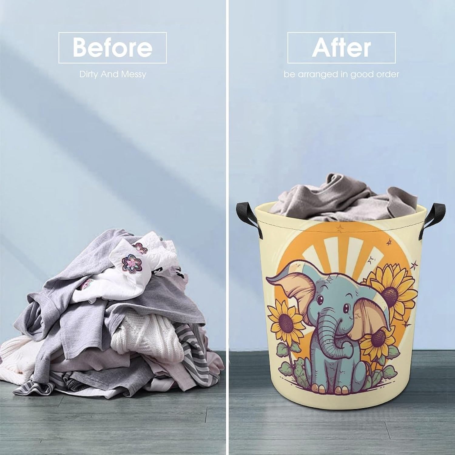13.8 × 13.8 × 17.3 Inches Collapsible Laundry Baskets Cheery Elephant Printed Waterproof Laundry Hamper Foldable Dirty Clothes Storage Bin for Bathroom Bedroom Office image 5