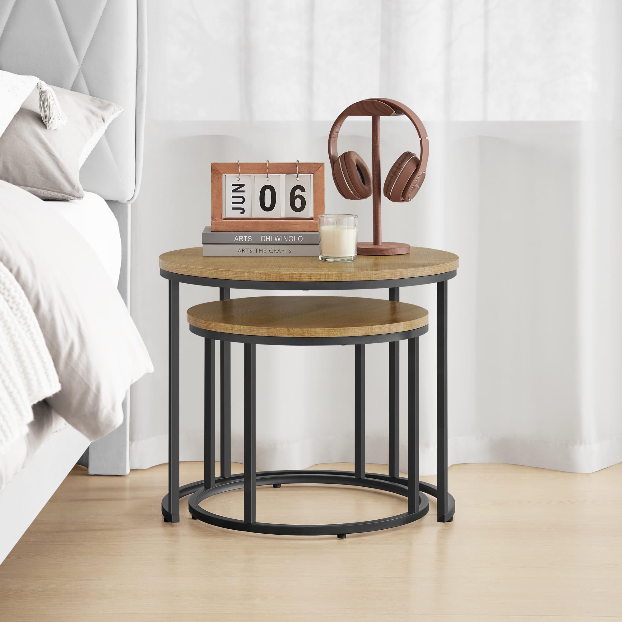 FORTENA 2er Set Couchtische, Schwarze oder goldene Metallbeine, Industrial-Stil, Raund (Eiche – Schwarze Tischbeine)