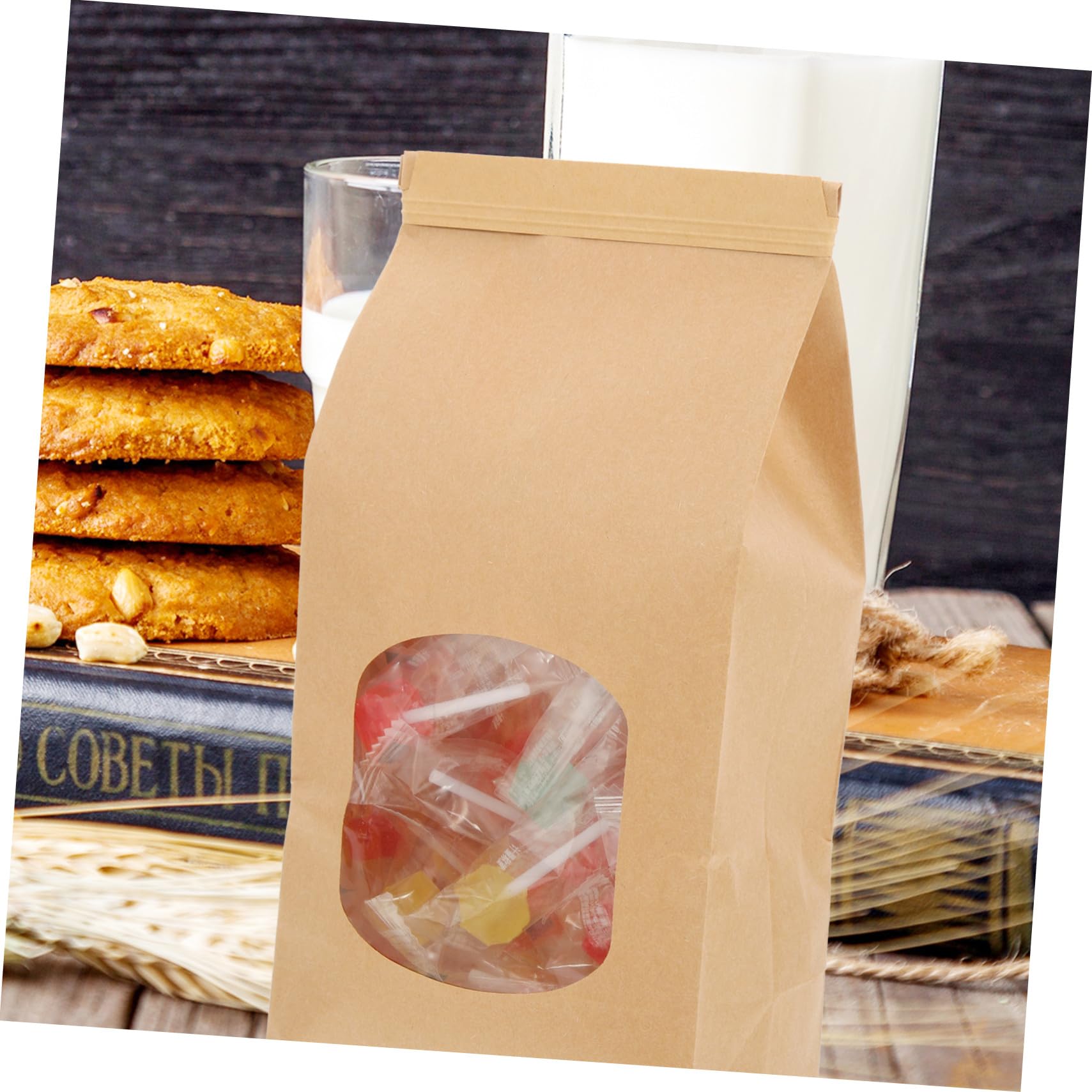 100 pièces Sachets Kraft avec Fenêtre pour Cookies Snacks Boulangerie Sacs Anti-huile avec Fermeture Métallique pour Fêtes et Stockage