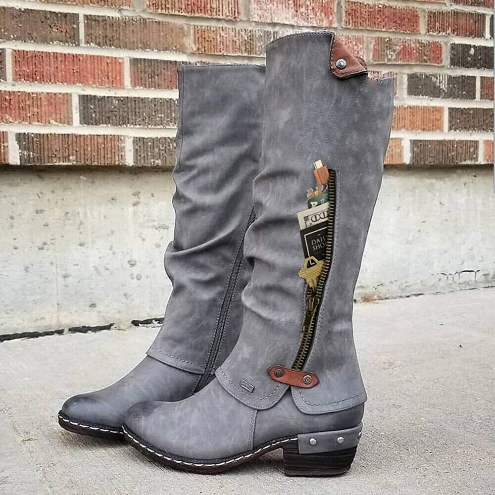 Botas de la Pantorrilla para Mujer Warm Zip Casual Talones hasta Media Pantorrilla Plana Inferior del Invierno