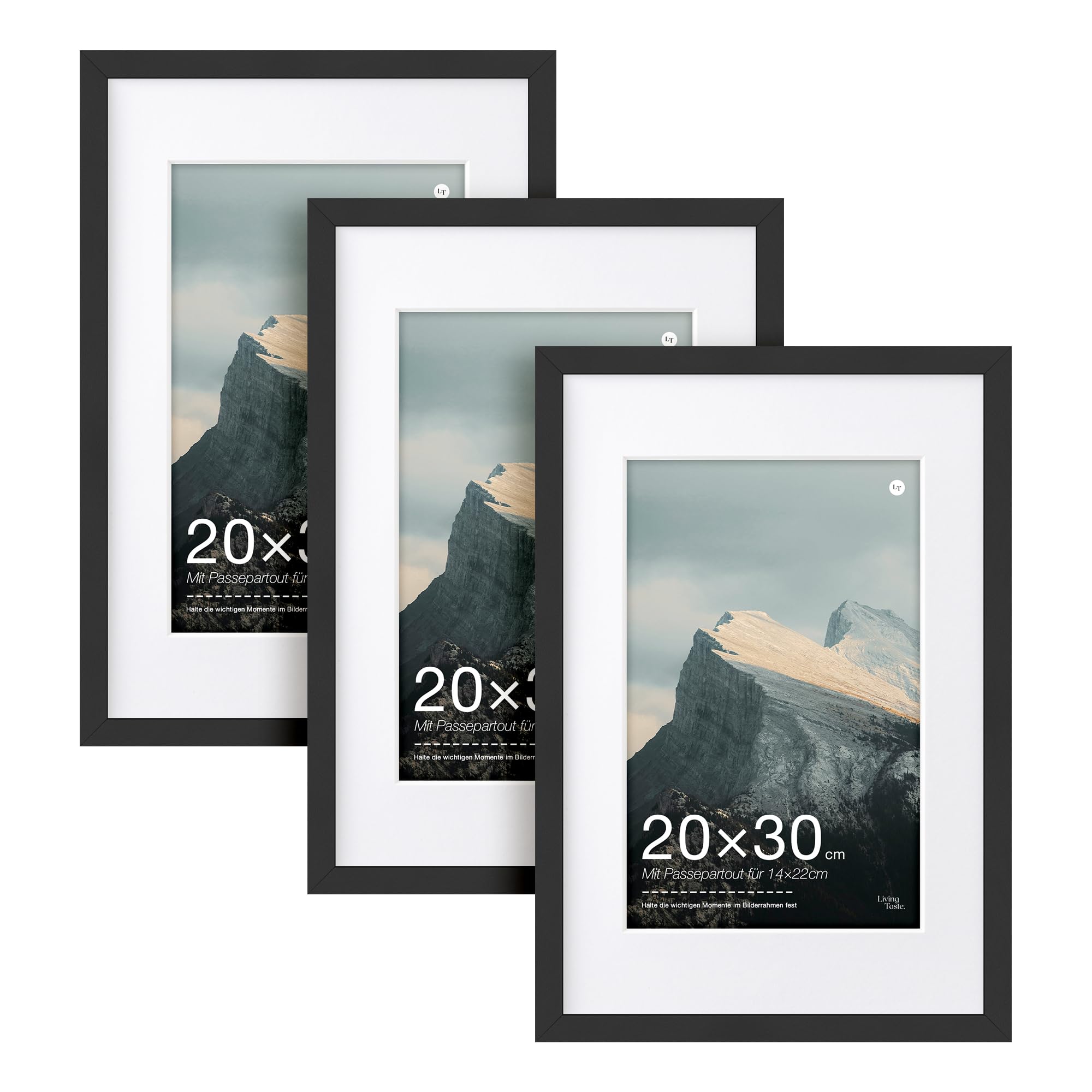 LIVINGTASTE 3 Pack Schwarz Bilderrahmen 20×30 cm MDF Rahmen mit Acrylglas | Fotorahmen mit Passepartout für 14×22 cm für Fotos Zertifikate Poster und Kunstbilder für Wohnzimmer und Büro