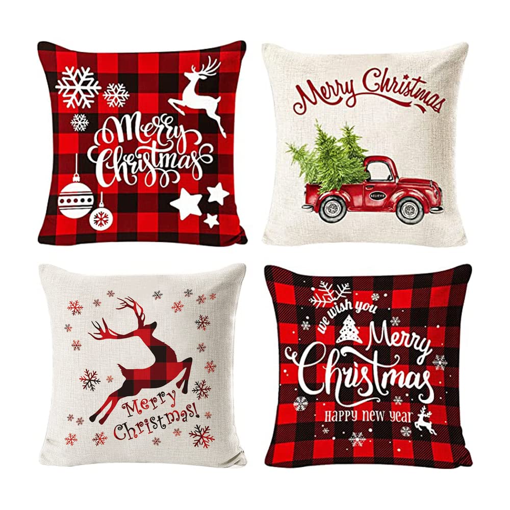 ORiTi Christmas Pillow Covers 45x45cm Xmas Throw Pillowcase Rustic Linen Cushion Case for Couch Sofa Home Decor Set of 4 Christmas Decorations