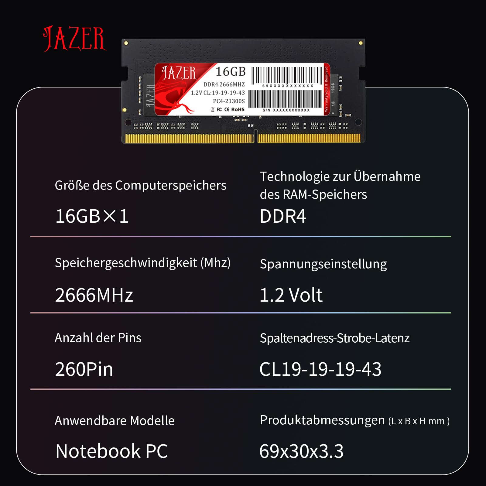 JAZER DDR4 RAM 16GB 2666MHz CL22 Laptop Notebook Momery | PC4-21300, 1.2V, SODIMM 260 Pin,Modul Upgrade