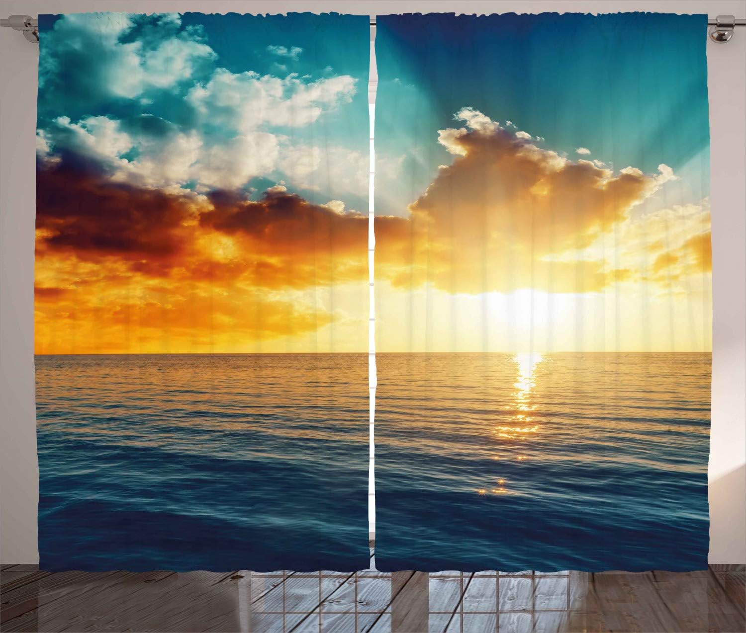 Ambesonne Ocean Curtains, Majestic Sunset Over The Sea Scenic Idyllic Aquatic View Morning Picture, Living Room Bedroom Window Drapes 2 Panel Set, 108" X 84", Turquoise Orange