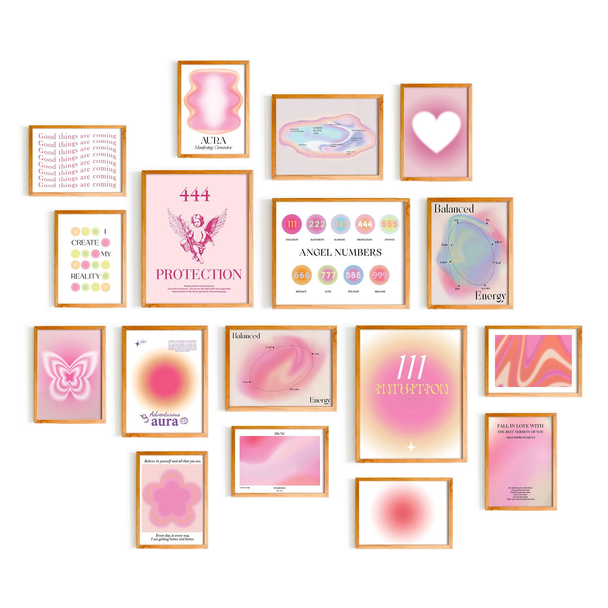 365DoRoTeYa Angel Number Poster - Aura Wall Art Prints for Bedroom, Bathroom, Office & Living Room Decor - Pink Angel Numbers - 17 PCS (Unframed)