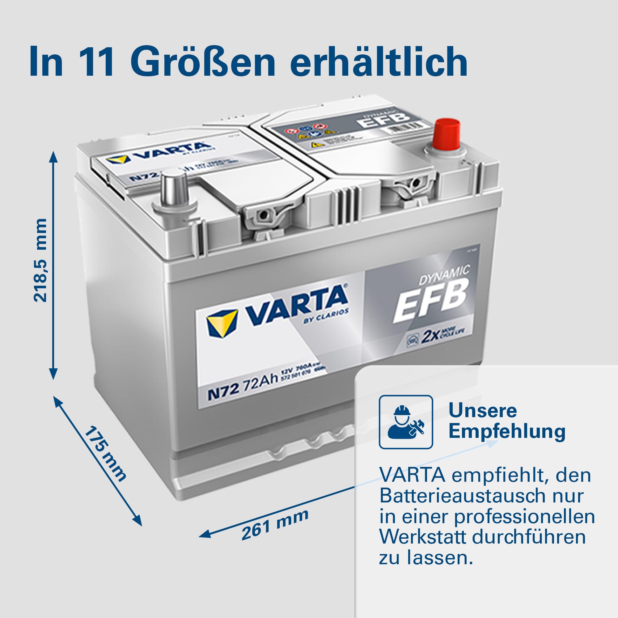 VARTA Automotive DYNAMIC EFB (N72) 12V 72Ah 760A - Nassbatterie für Start-Stopp Systeme - Starterbatterie für Autos mit erhöhtem Energiebedarf - Wartungsfreie Bleisäurebatterie