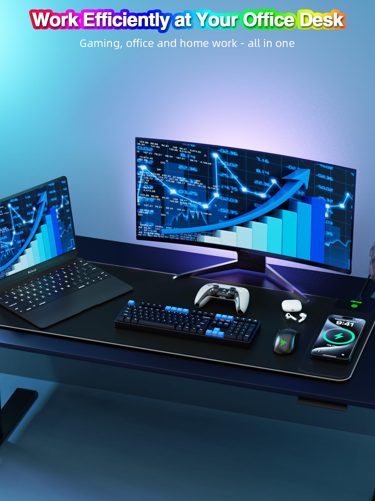 Tappetino per mouse con ricarica magnetica, tappetino per mouse da gioco XL, 80 x 30 cm, 11+5 modalità di illuminazione RGB, grande tappetino da scrivania per casa e ufficio con superficie ultra