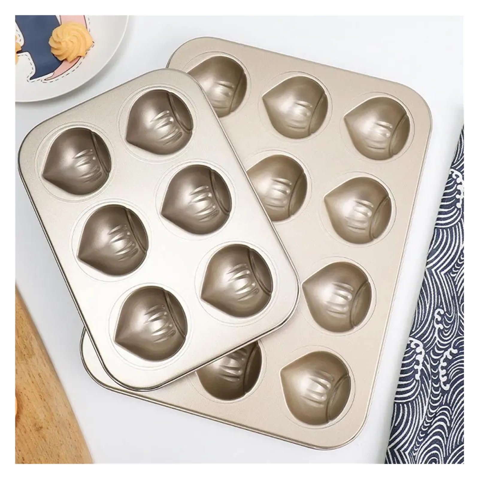 Postre del molde de la torta del arroz y del muffin del hogar en forma de concha | Bandeja for hornear, material de acero al carbono, resistente, duradero, antiadherente(12 holes)