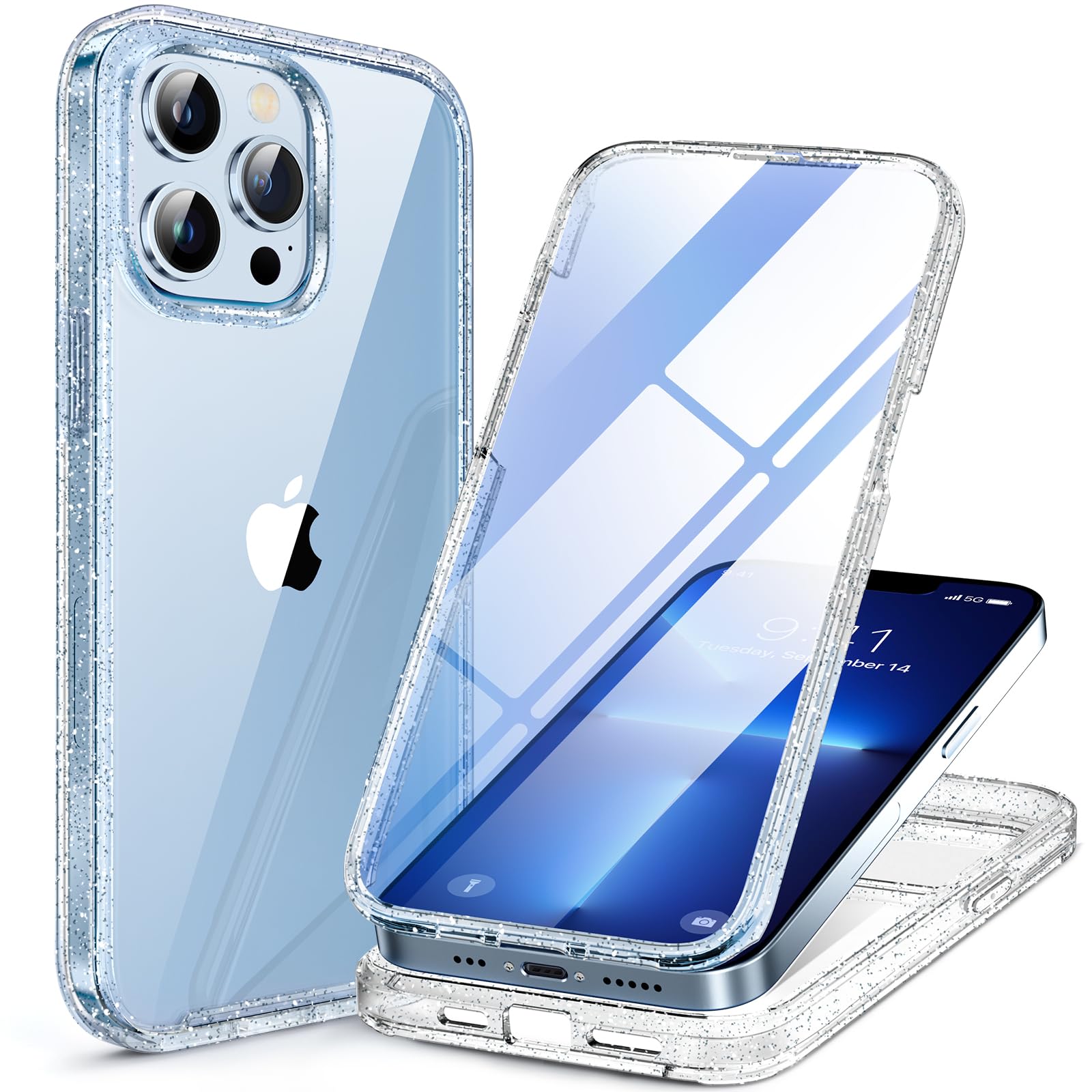 Miracase Glass Case for iPhone 13 Pro Max 6.7 inch, Upgrade Full-Body Clear Bumper Case with Built-in 9H Tempered Glass Screen Protector for iPhone 13 Pro Max, Clear Glitter