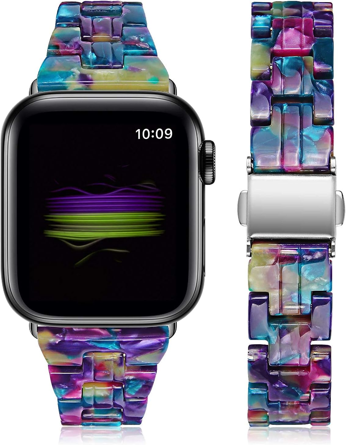 JOYOZY Compatible with Apple Watch Bands 38mm 40mm 41mm 42MM(Series 10) Fashion Slim Resin Band For Apple Watch Series 10 9 8 7 6 5 4 3 2 1 SE (Purple Green Flower-Uniqe, 38MM 40MM 41MM)