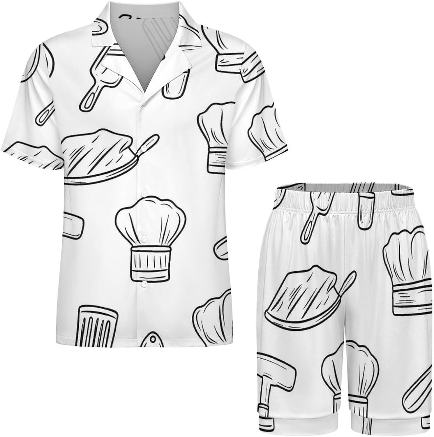 Chef Hat Cooking Tools Men's Short Sleeve Pajama Set Satin Silk Like Lounge Sleepwear