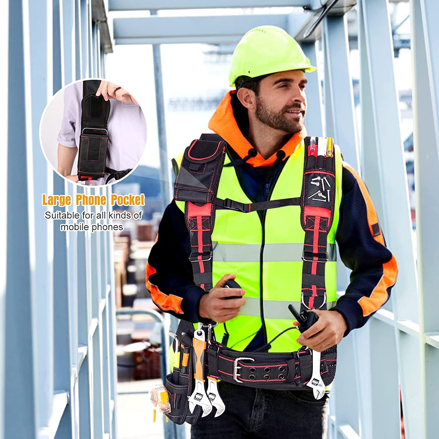 Tirantes acolchados para cinturón de herramientas, tirantes magnéticos resistentes para electricistas con soporte para teléfono móvil, soporte para lápices, lazo para tirantes.