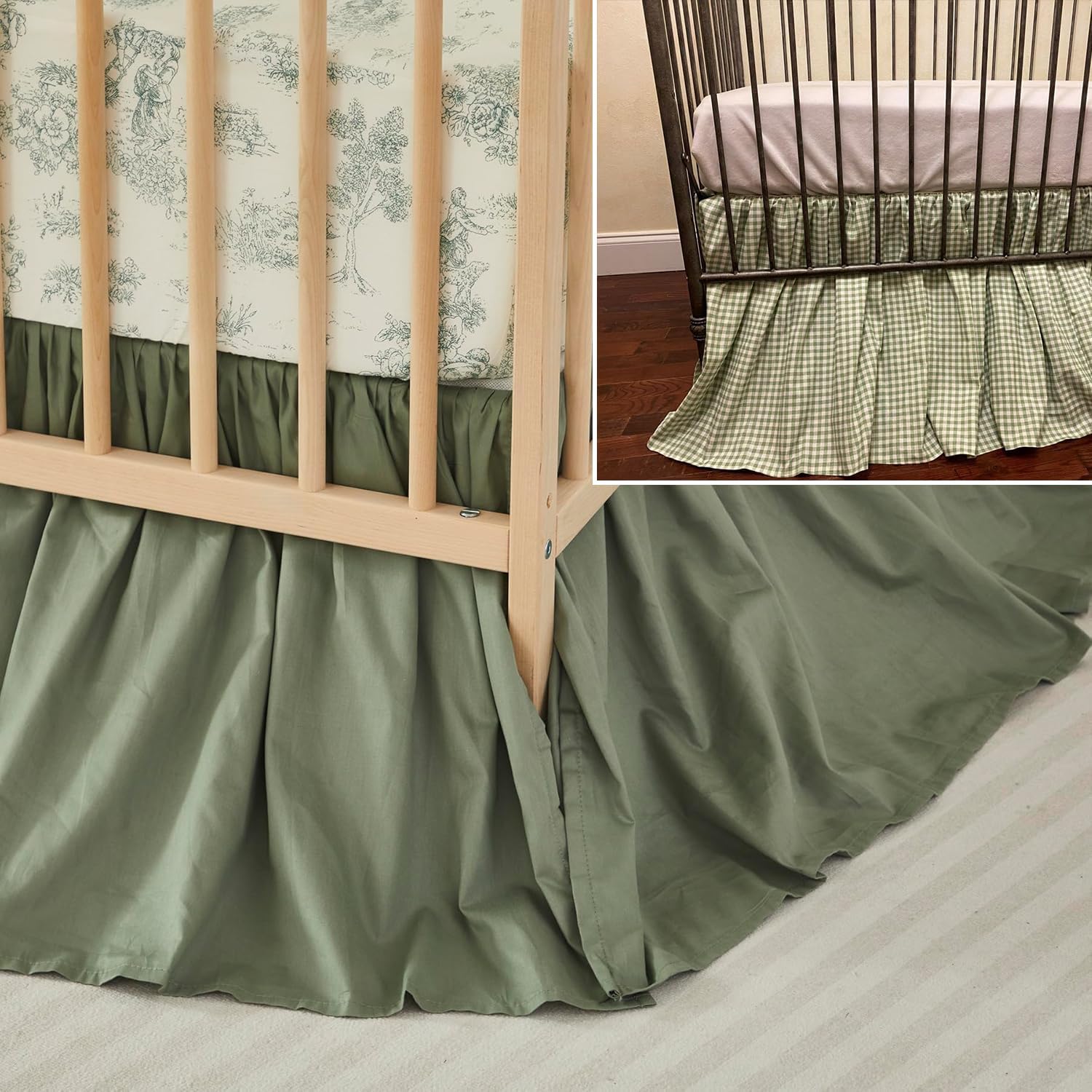 Brandream 2 Packs Crib Bed Skirt Cotton Boho Bohemian Neutral Toddler Bedskirt Gingham Gathered Crib Skirt 4-Sided
