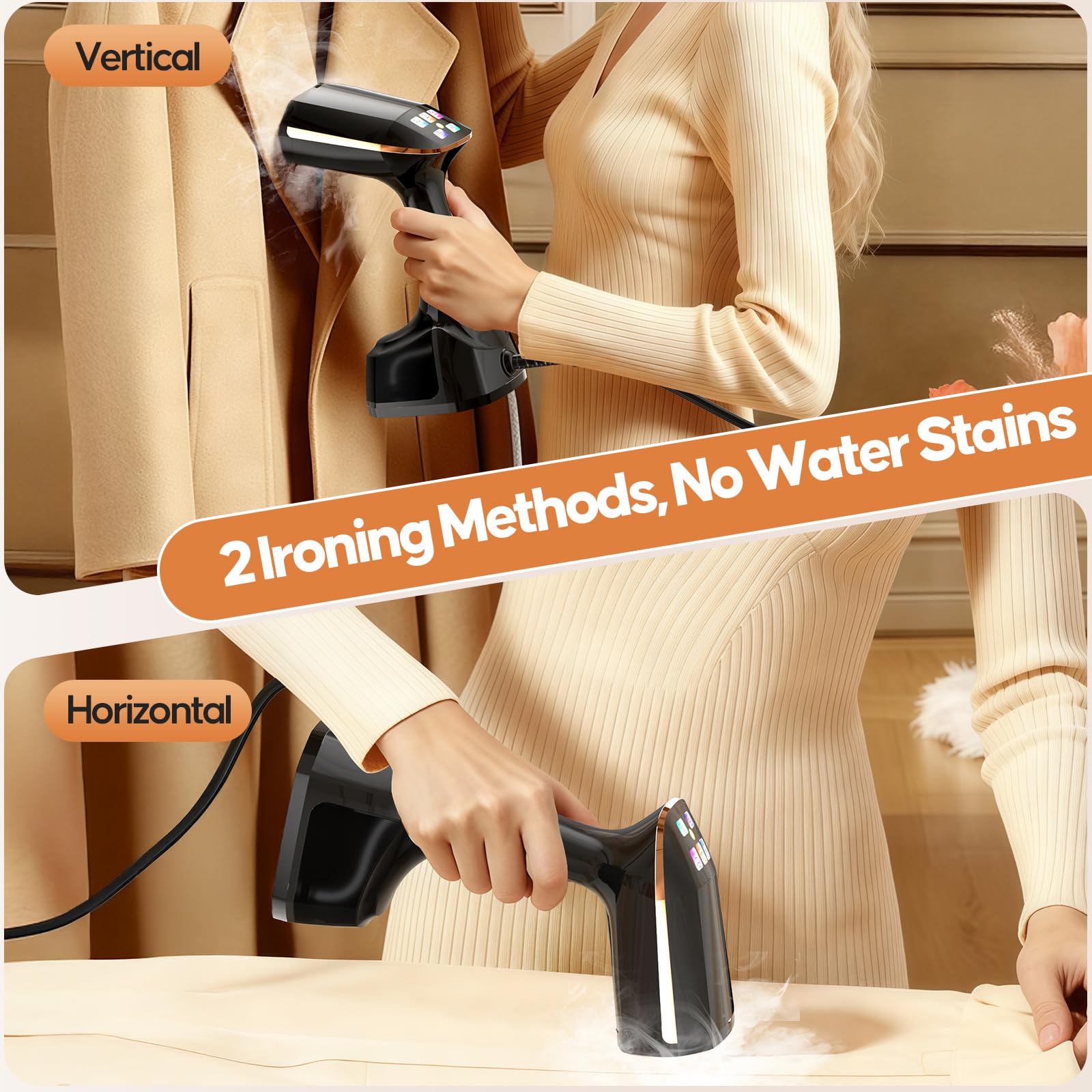PKBD Fer à repasser à vapeur de voyage,élimine les rides,réservoir d'eau amovible de 320ml et écran LED 3 vitesses, vaporisateur à main pour vêtements 1800w,idéal pour les voyages,maison,Bureau.noir