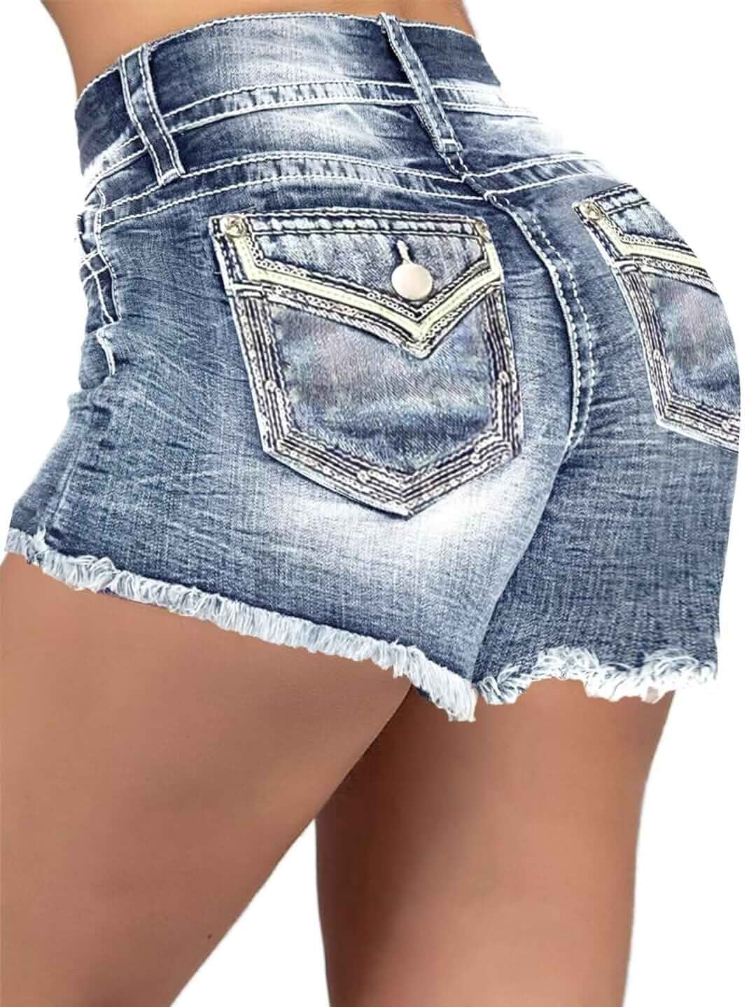 Flamingals Women's Ripped Stretchy Jean Mid Rise Skinny Denim Shorts Distressed Frayed Raw Hem Casual Summer Shorts, Jean Shorts for Women, Mid Waist, Denim Fabric