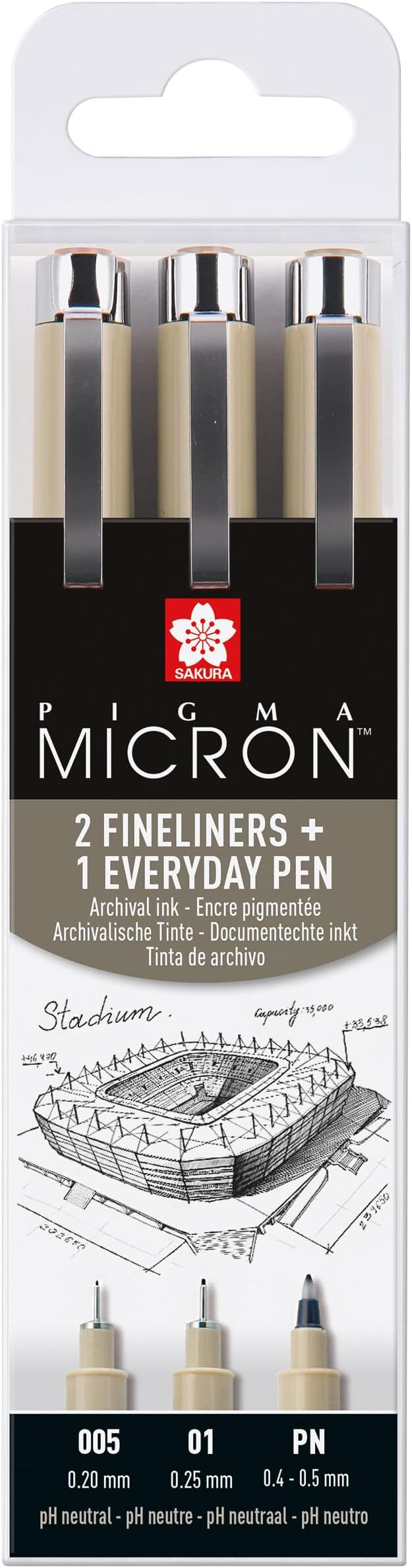 Pigma Micron fineliner set Architecture | 3 pens, 0.2 mm + 0.25 mm + PN, black (POXSDK3UR)