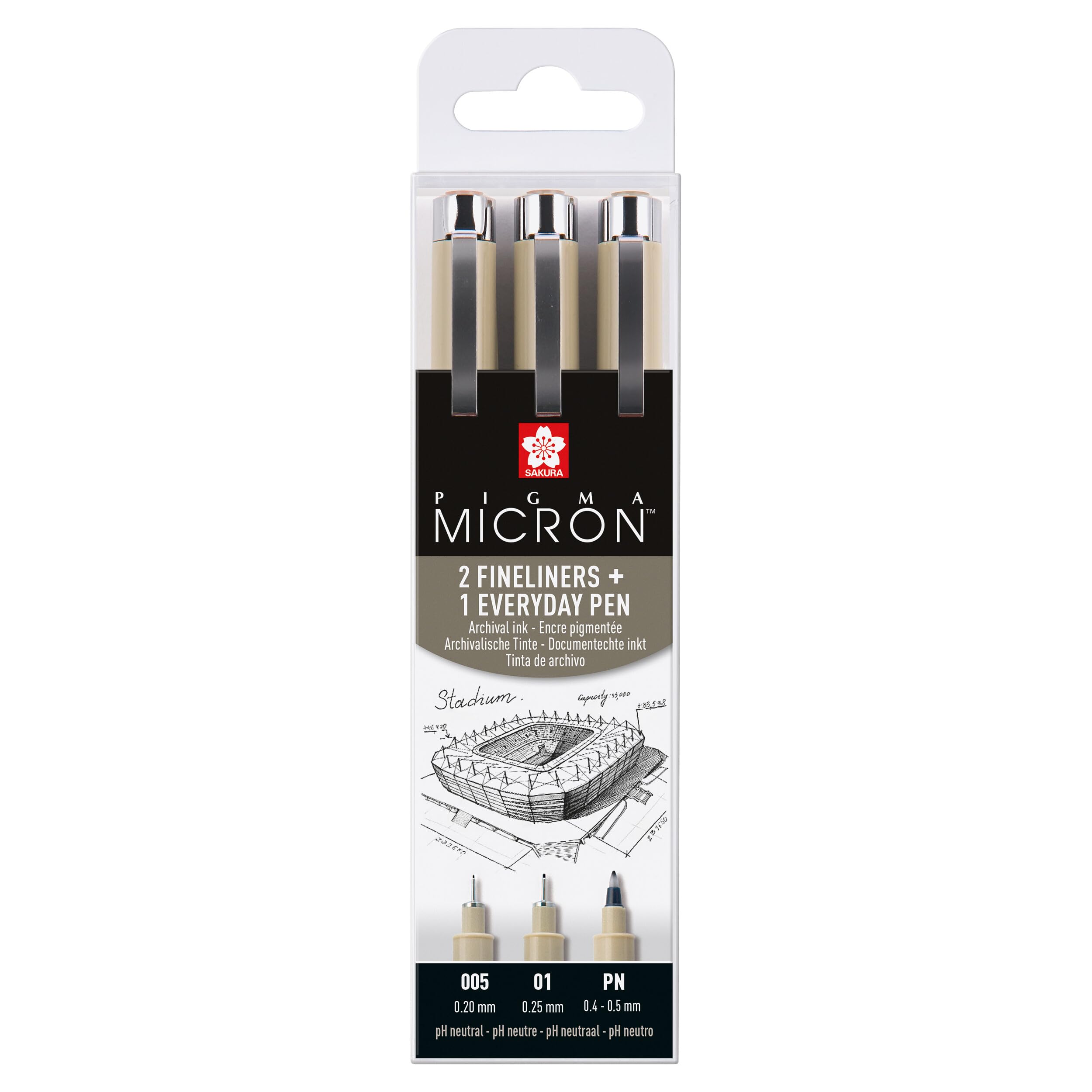 Pigma Micron fineliner set Architecture | 3 pens, 0.2 mm + 0.25 mm + PN, black (POXSDK3UR)