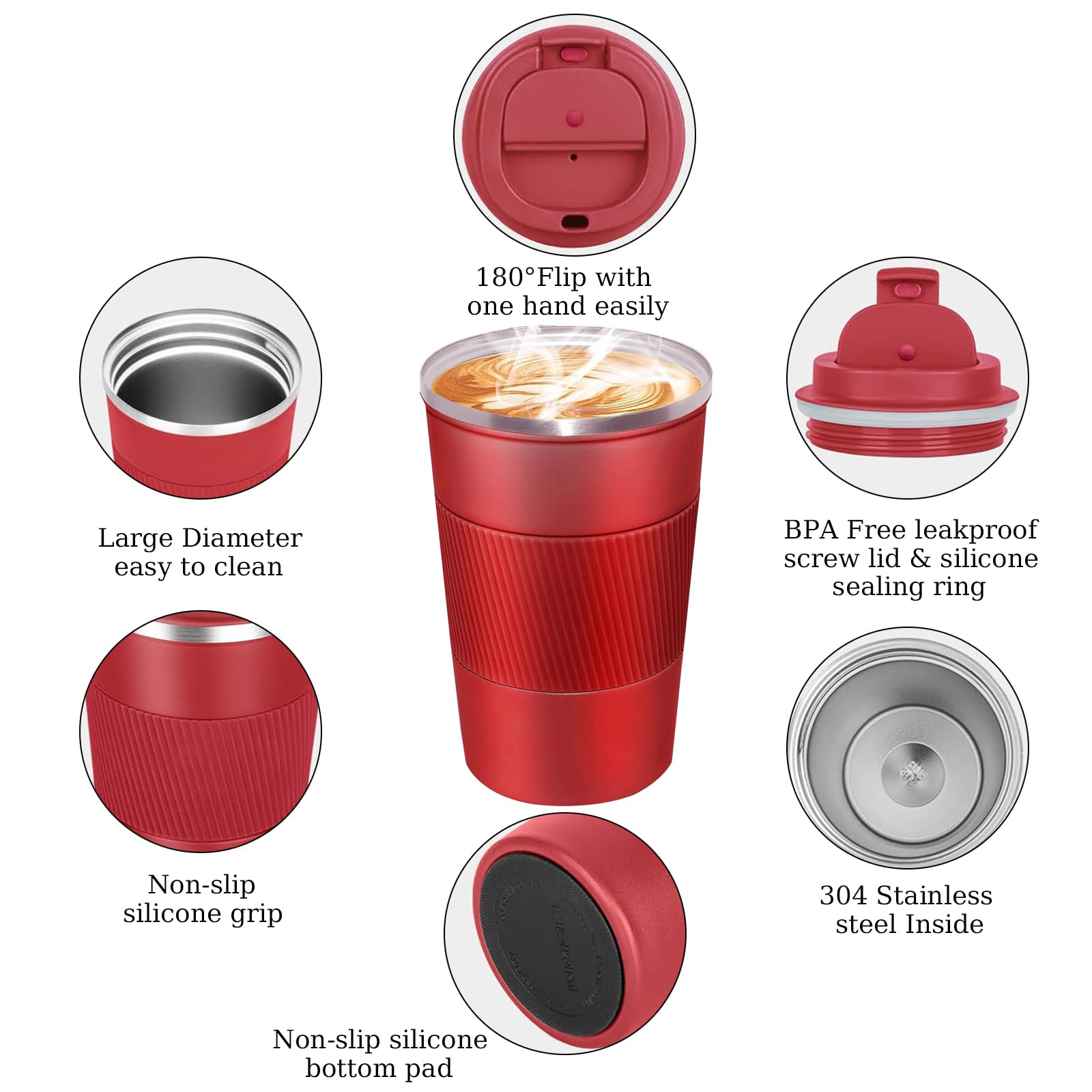 Senshuomy Travel Mug,Insulated Coffee Cup with Leakproof Lid,Reusable Coffee Cups Travel Cup,Stainless Steel thermaol Mug for Hot Cold Drinks (Red/380ml) - Image 3