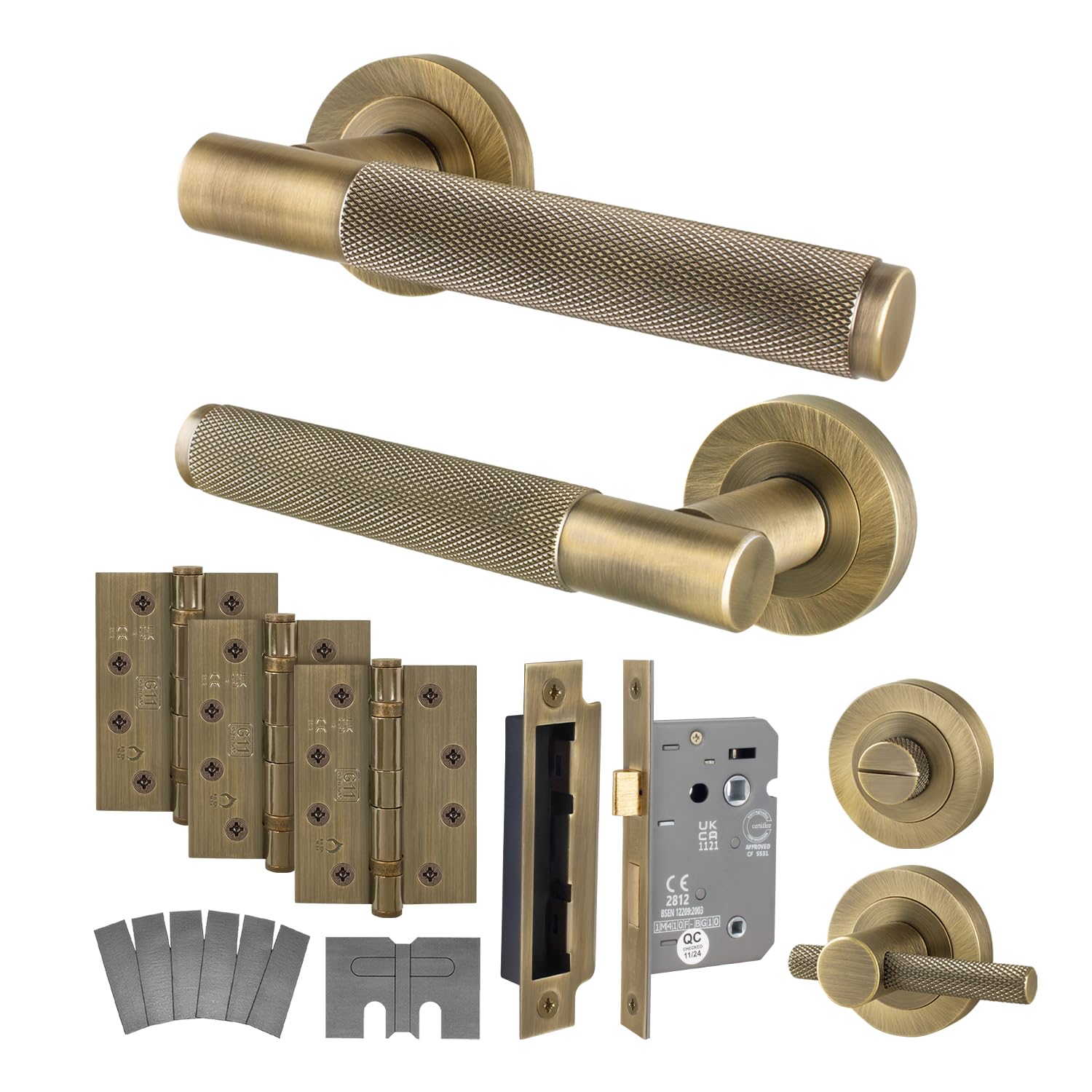 EAI Antique Brass Fire Door Handle Bathroom Set, Internal Fire Rated Door Handle with 80mm Bathroom Lock and 102mm Hinges, Varri Range 1 Pack